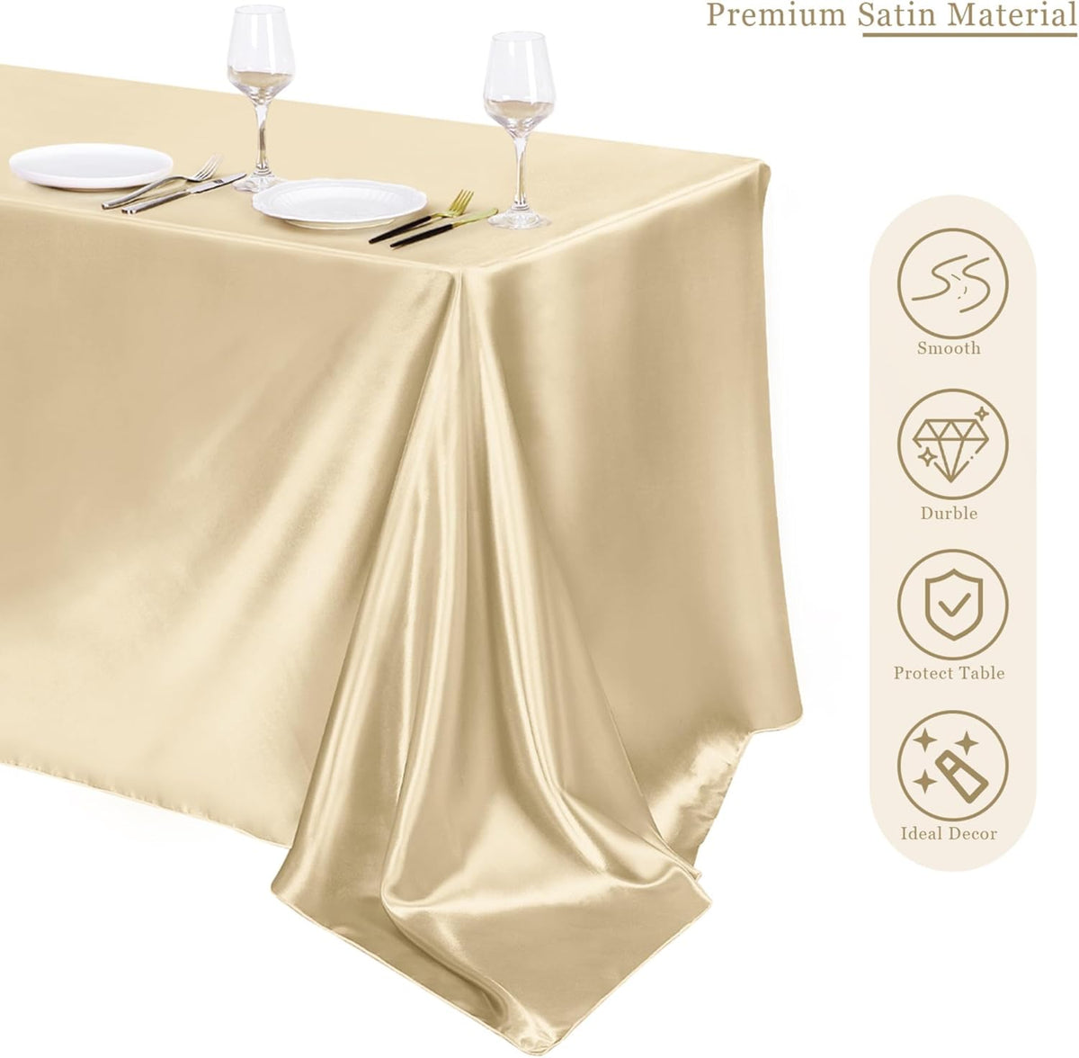 TURSTIN 1 Pack Champagne Satin Tablecloth 102 x 58 Inch Overlay Satin Table Cover Rectangle Bright