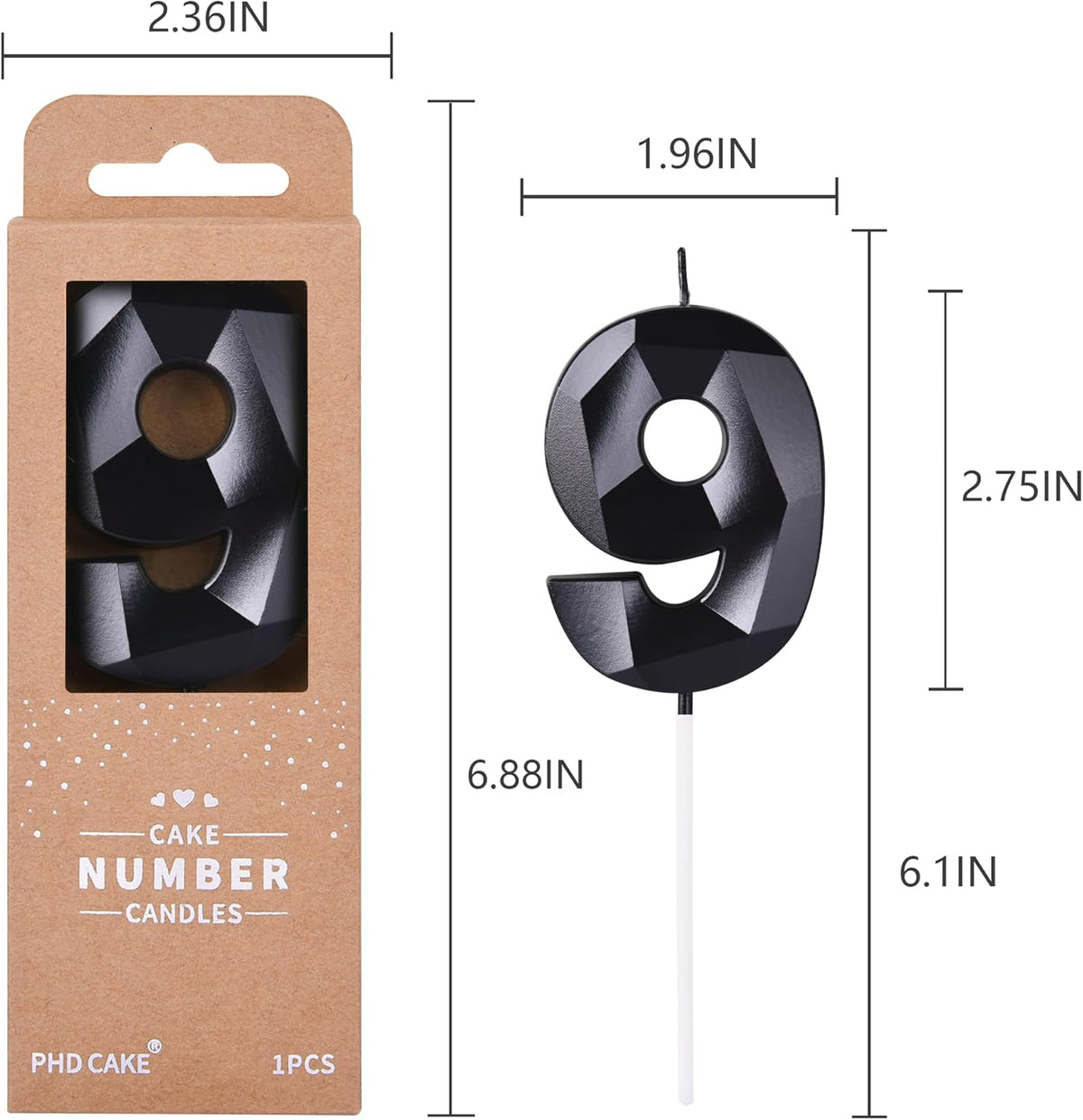 PHD CAKE 2.76 Inch Crystal Black 9 Number Birthday Candles, Black Number Candles, Cake Number