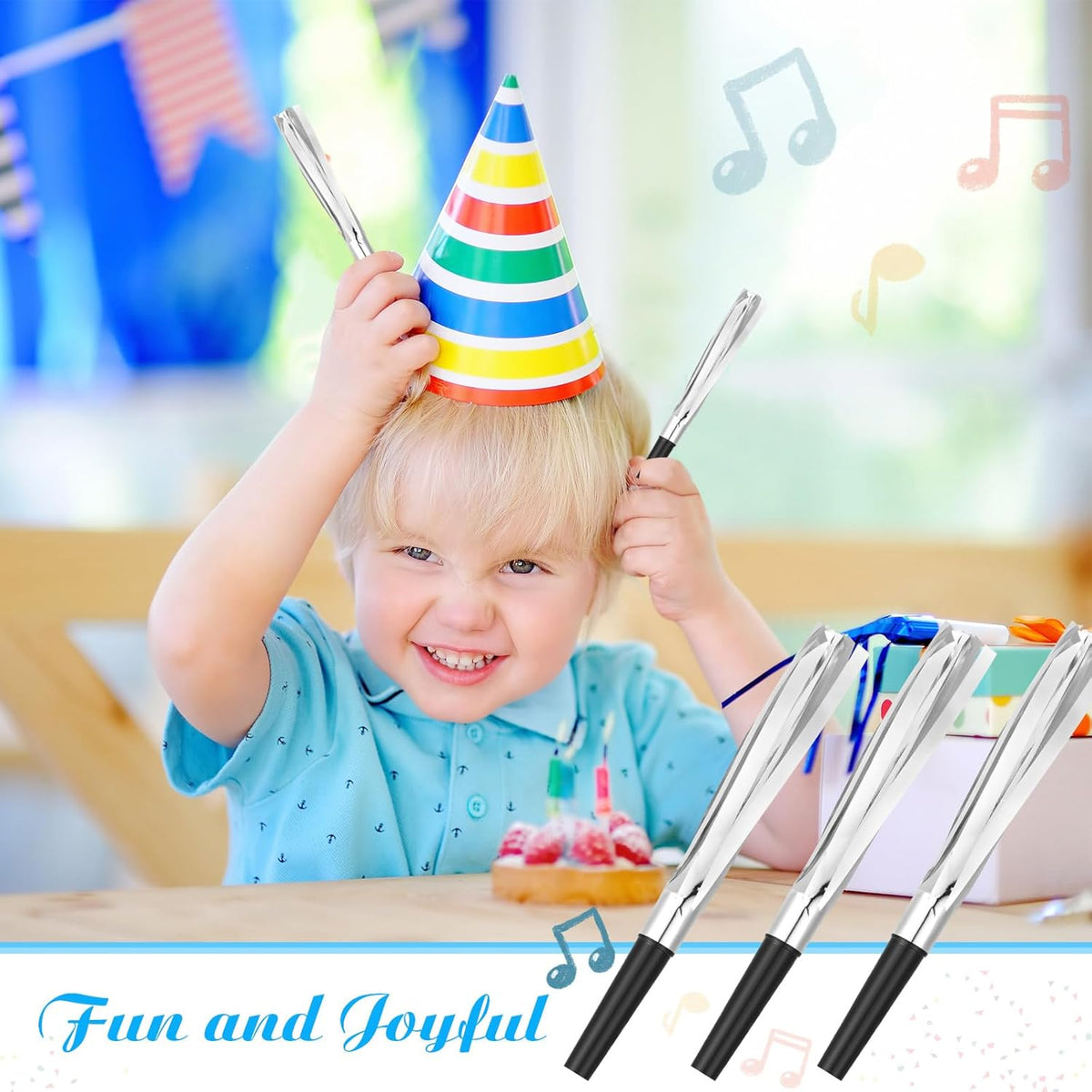 Metallic Fringed Noise Makers, 24 Pcs, Gold, Silver, for Noise Makers Party Favors, Baby Shower