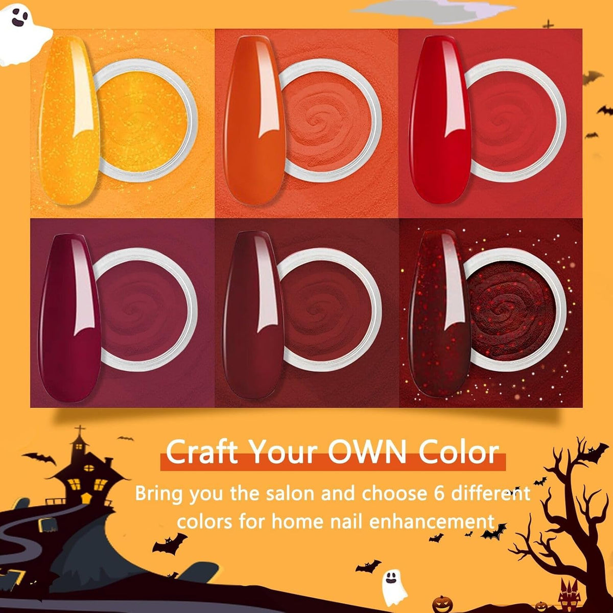 6 Colors Dip Powder Set, Red Orange Glitter Hallowen Dipping Powder Color Set, Glossy Nail Art