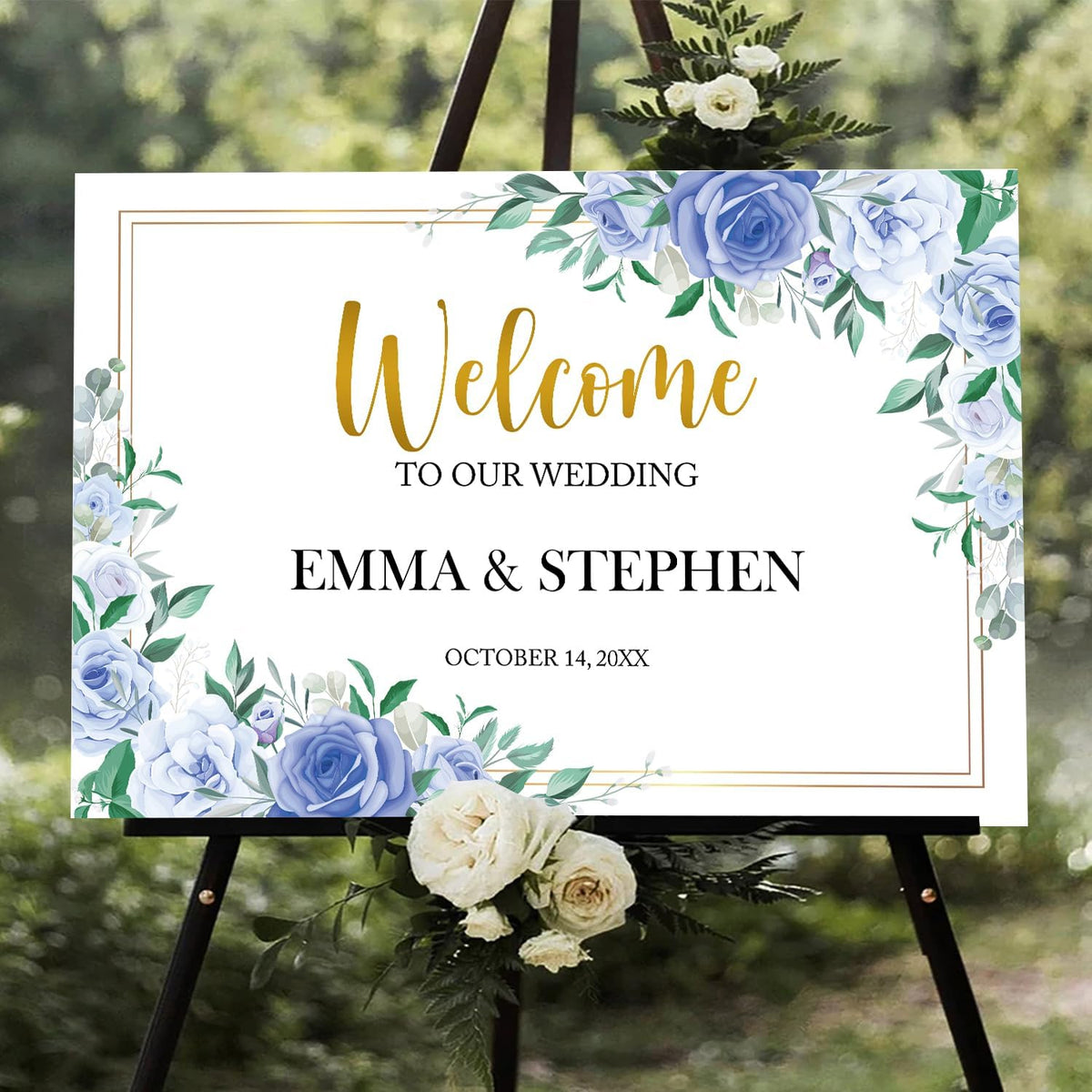 Dusty Blue and Gold Wedding Welcome Sign Template, Printable Landscape Welcome Sign with Blue White