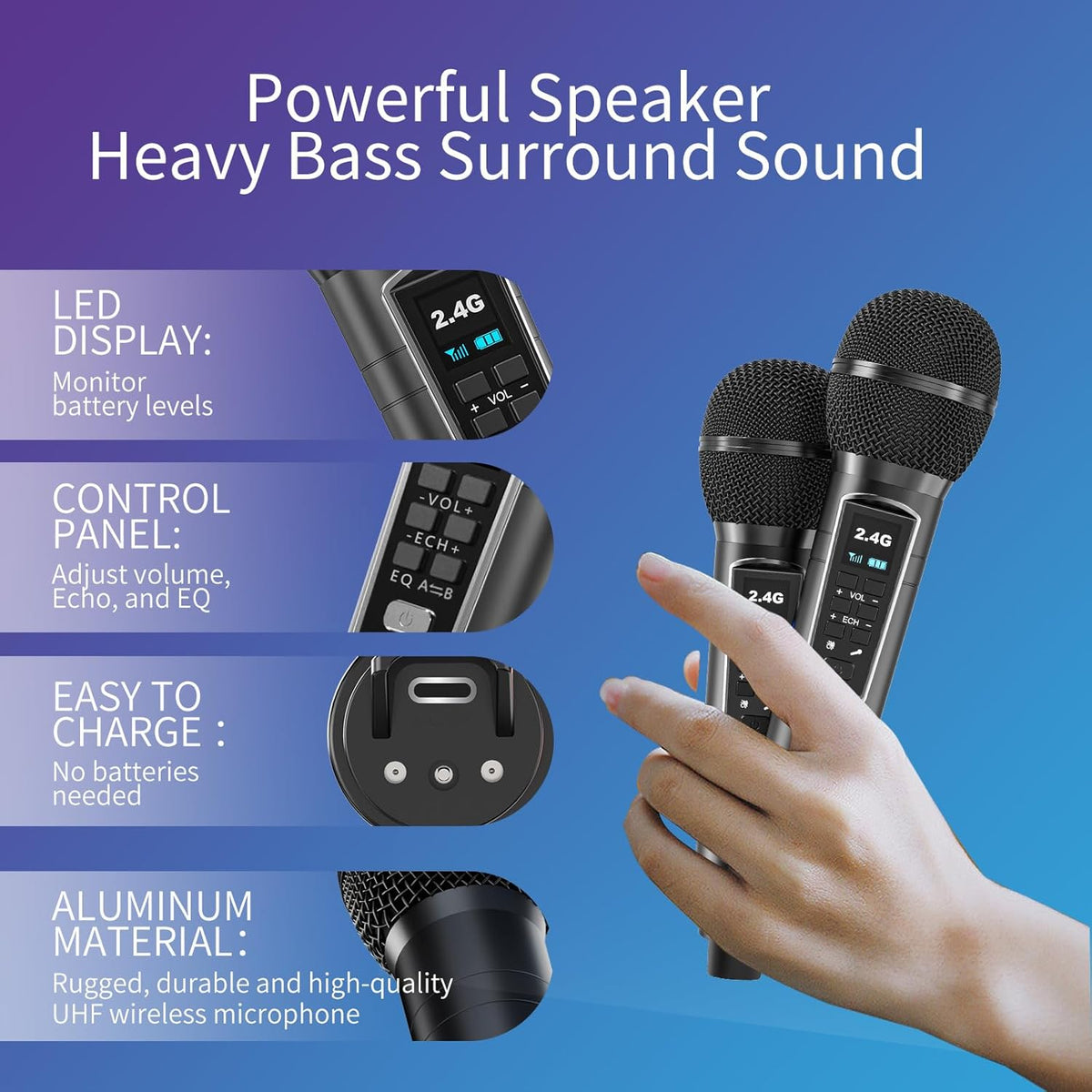 Karaoke Machine for Adults and Kids with 2 UHF Wireless Microphones,Portable Bluetooth Speaker PA