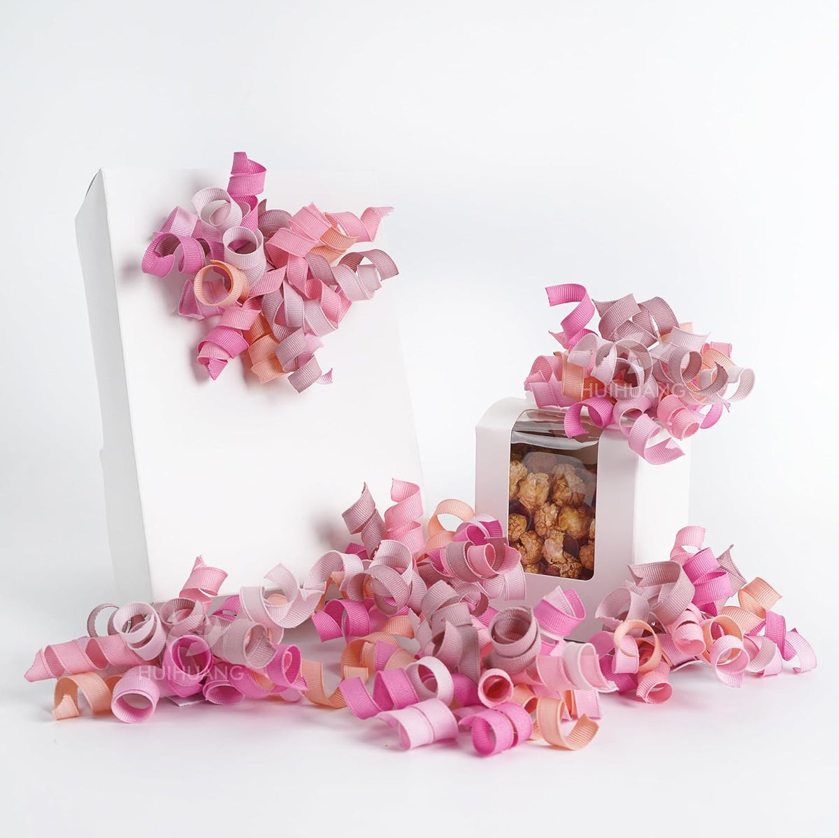 HUIHUANG Dusty Pink & Rose Bows for Gift Wrapping, Self-Adhesive Curly Ribbons for Presents, Wine