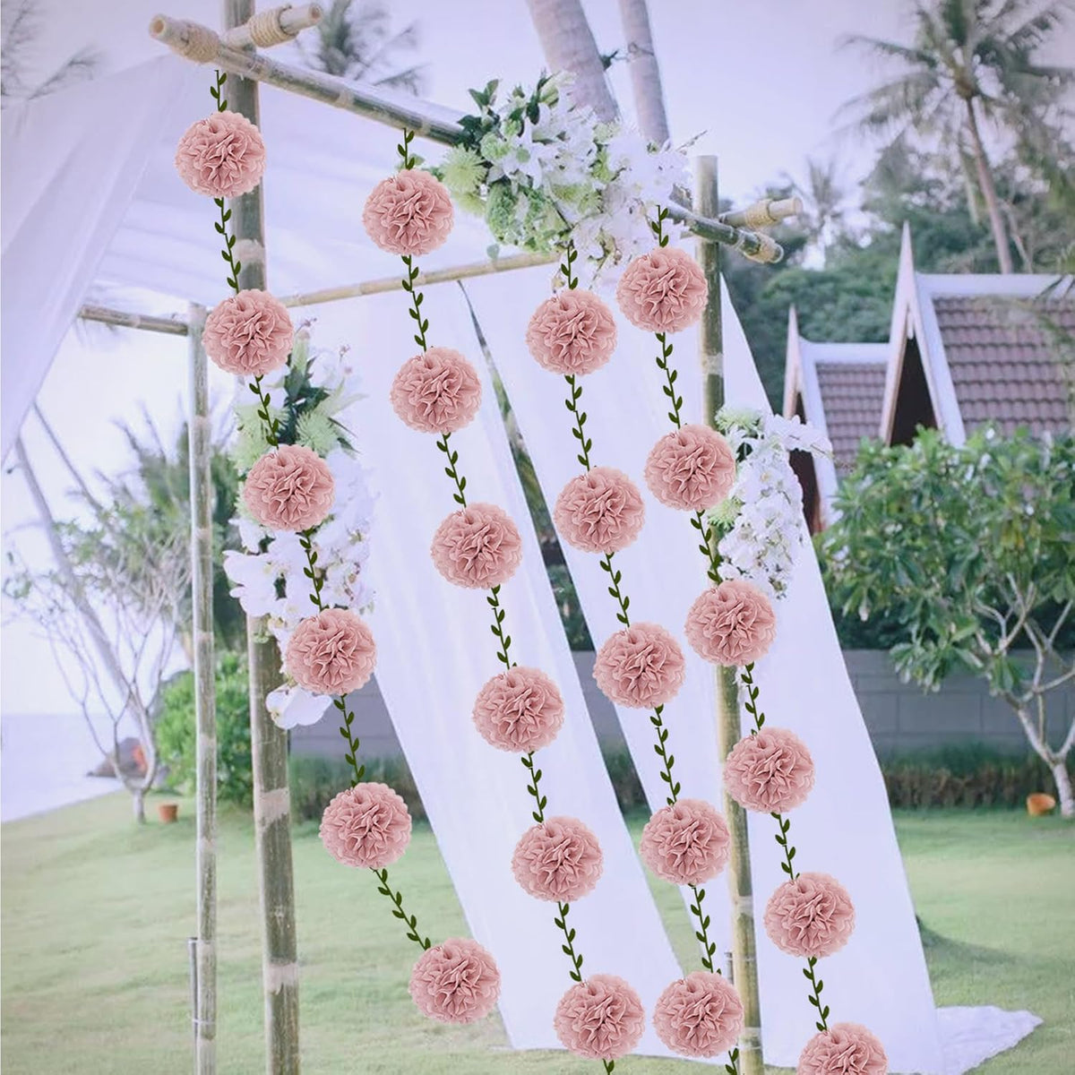 2 Pack Rose Pink Tissue Paper Pom Pom Garlands Hanging with Cloth Vine for Nature Garden Fence