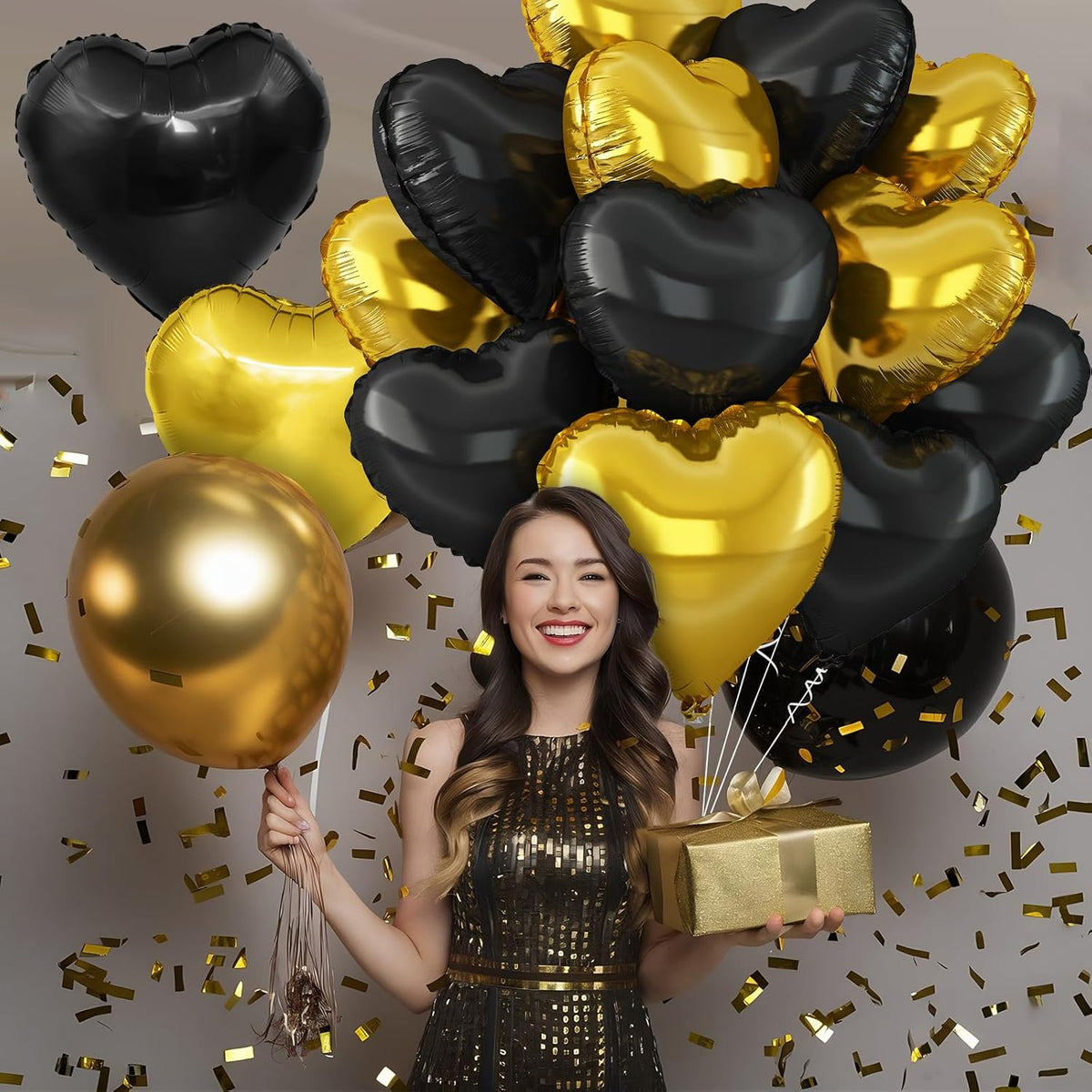 Black Gold Heart Balloons,12Pcs Black Heart Shaped Foil Balloons,18Inch Gold Helium Polyester Film