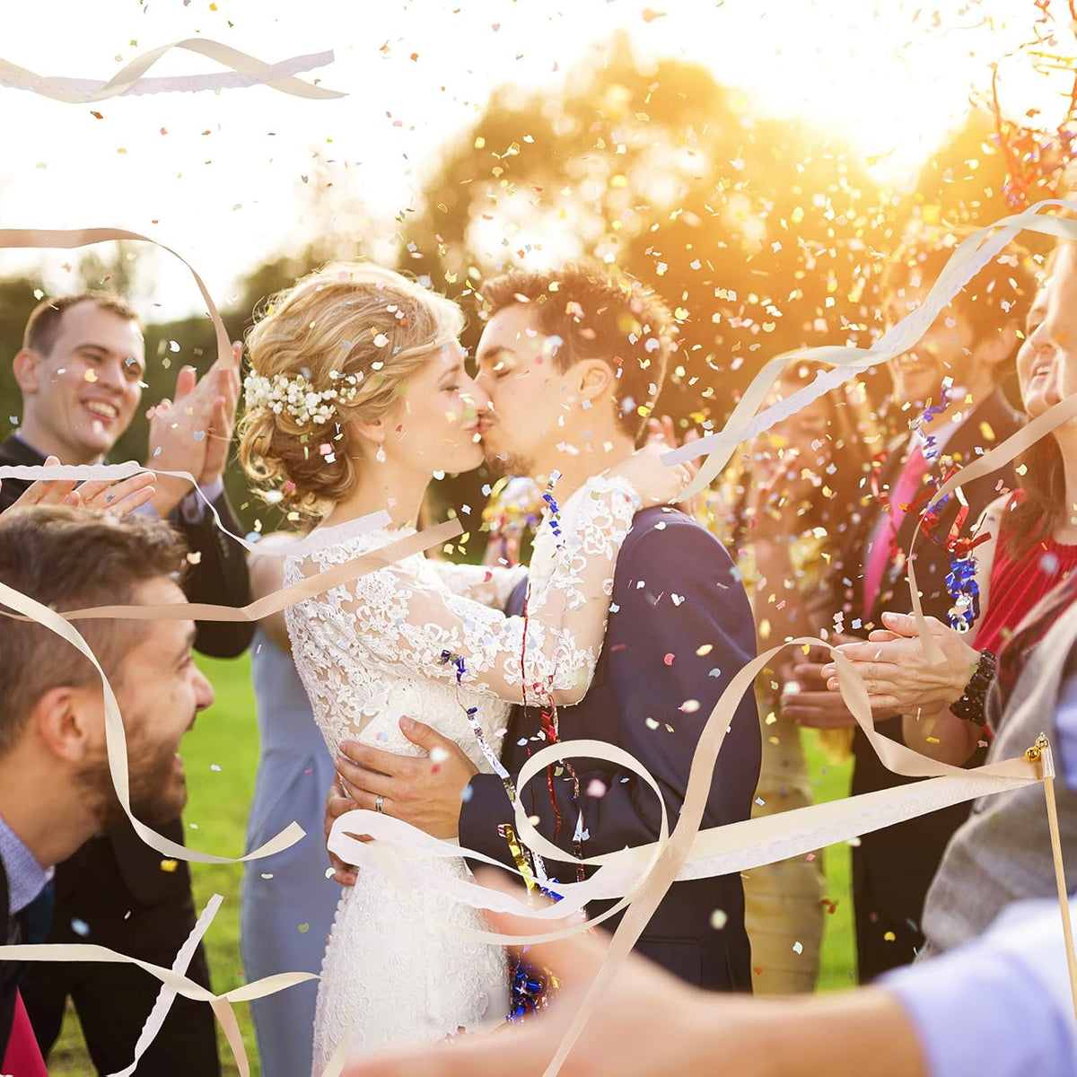 Sumind 40 Pieces Ribbon Wedding Streamers with Bells, Lace Fairy Wand Stick Party Ribbon Streamers