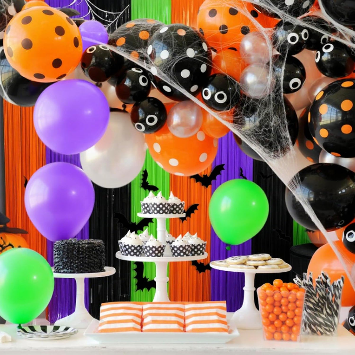 4 Packs Halloween Foil Fringe Curtain, Orange Black Purple and Green Metallic Tinsel Backdrop for