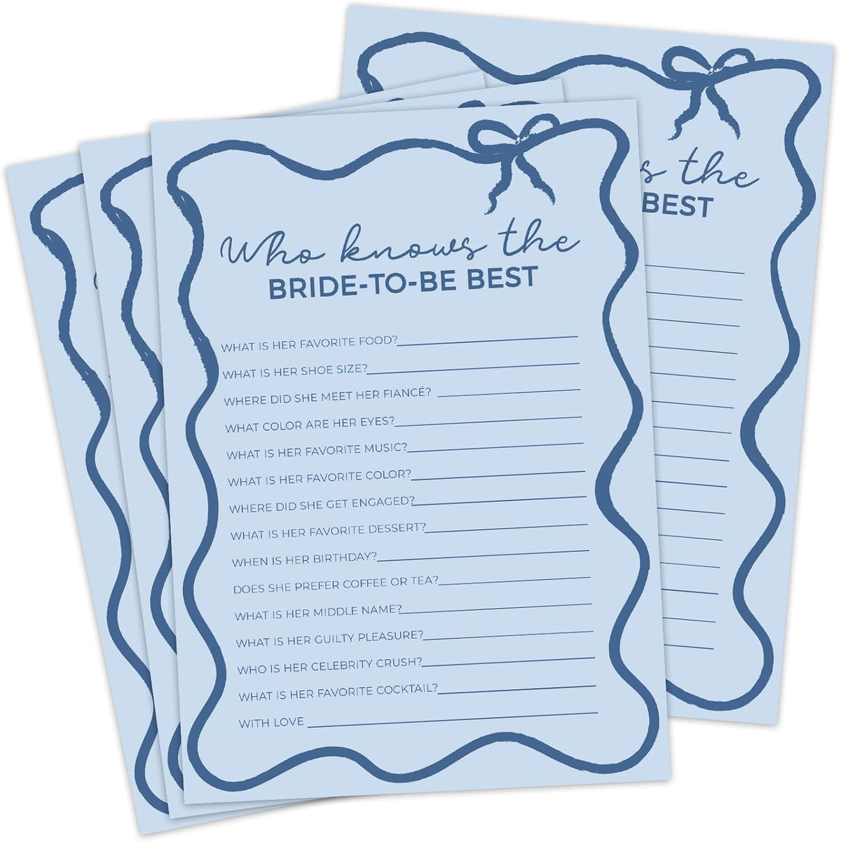 DEEKA 30 PCS Bridal Shower Games Card for 30 Guests Blue Wavy Border Ribbon Bow Funny Wedding