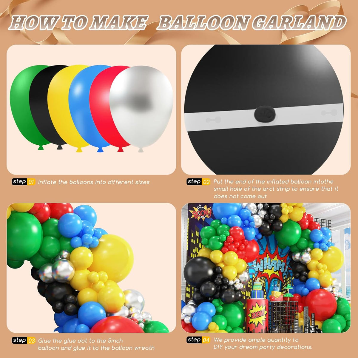 412Pcs Red Blue Yellow Green Black Balloon Arch Garland Kit, 18 12 10 5 Inch Different Size Latex