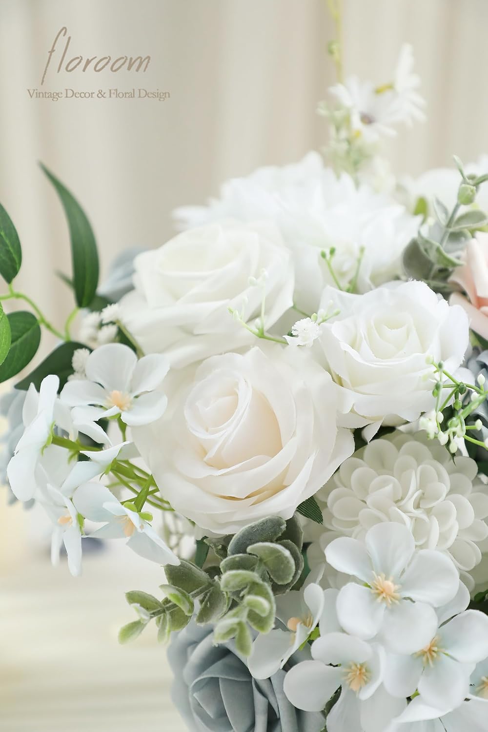 Floroom Powder Blue Ivory Artificial Flowers Fake Roses Dahlias and Greenery Combo Box Set for DIY