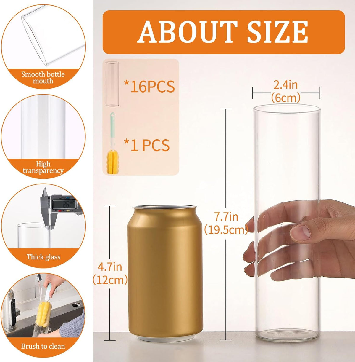 16Pcs Glass Cylinder Bud Vases for Centerpieces,7.7 In Tall Clear Flower Vases in Bulk,Glass Small