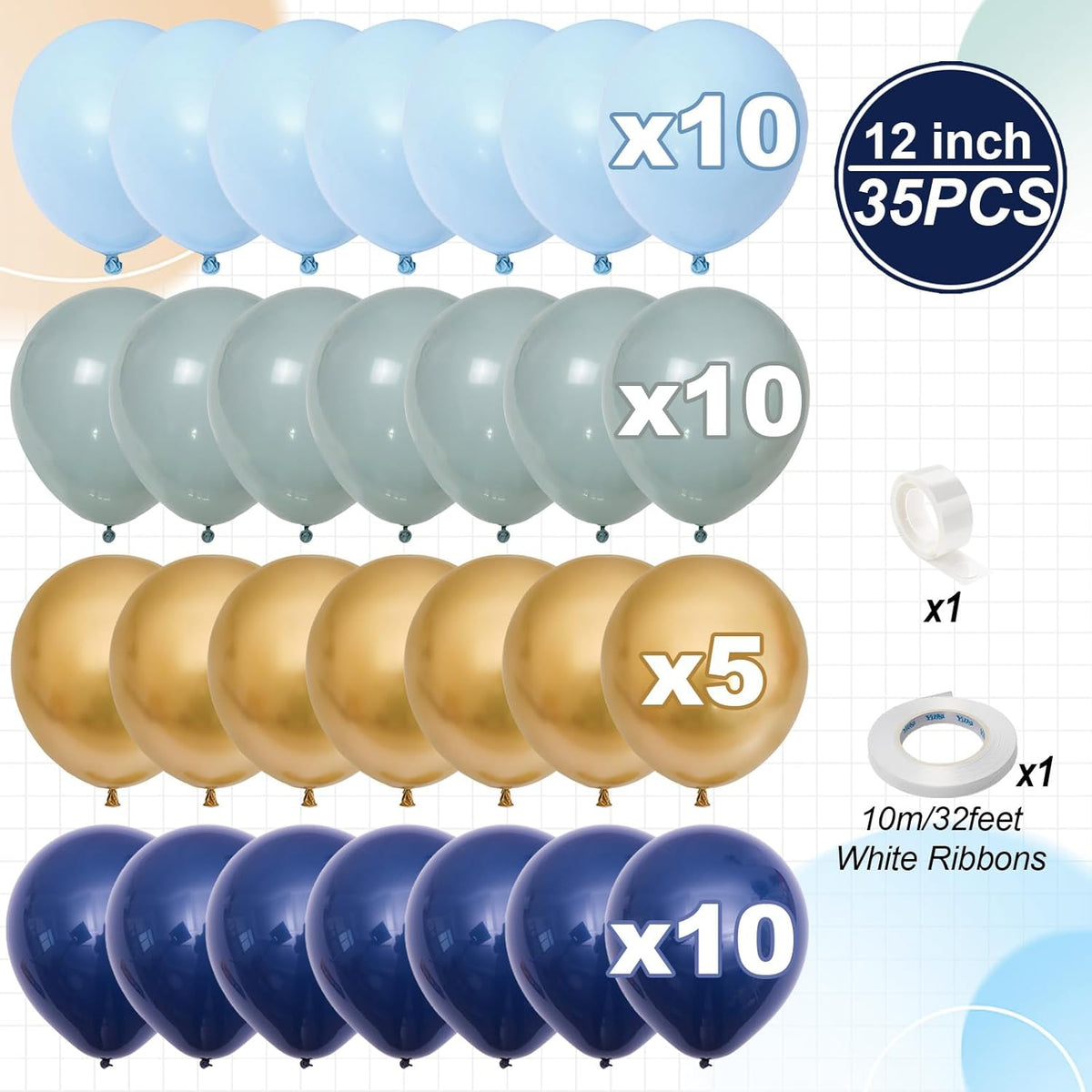 Navy Blue Gold Balloons, 12 Inch Dusty Light Blue Golden Latex Balloon Set for Boys Birthday Winter