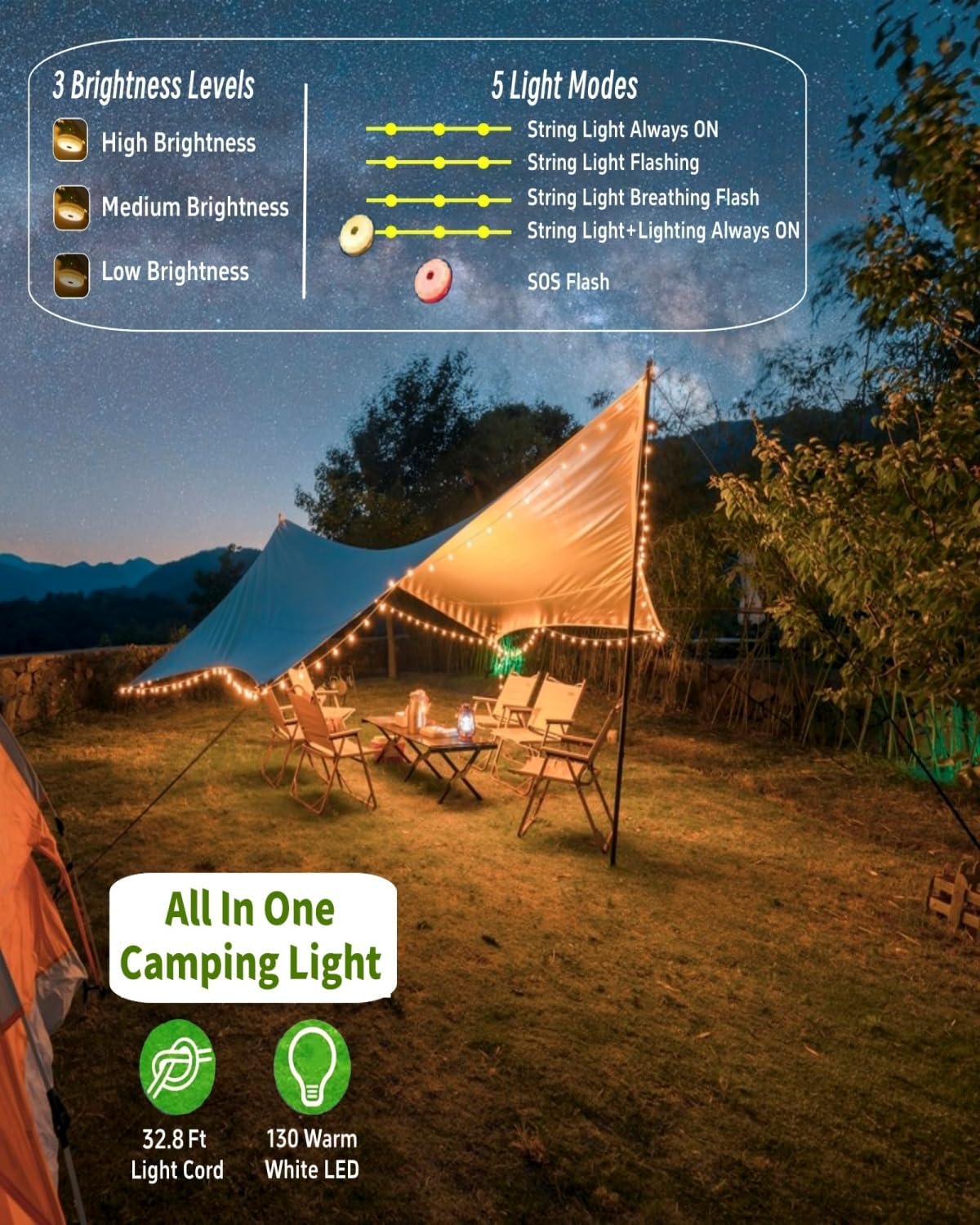 Solar Camping String Lights, 32.8FT Fairy String Lights 130LEDs, 4 In 1 Portable Waterproof Camp