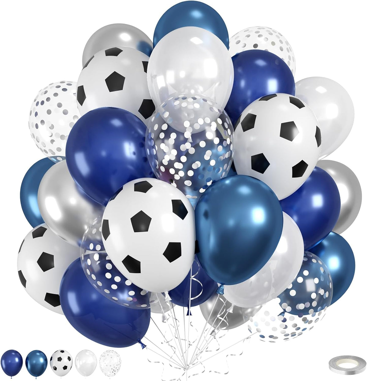 Soccer Balloons, 50pcs Metallic Blue Silver Balloons, White Pearl Navy Blue Balloon, Silver