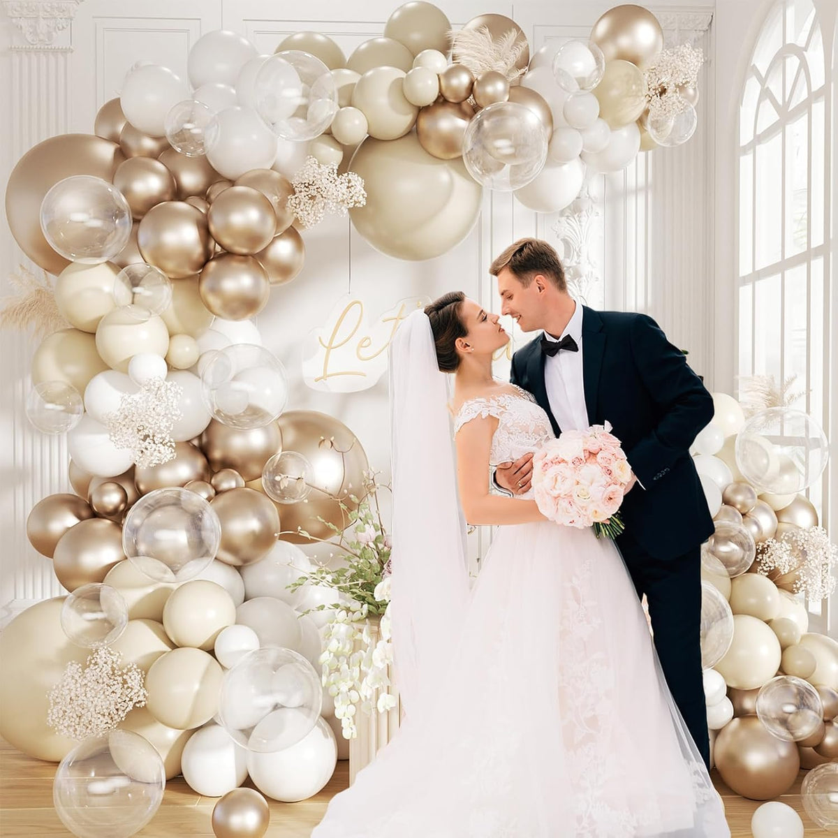 White Sand Metallic Champagne Gold Balloons Garland Arch Kit,152PCS White Nude Balloons with Clear