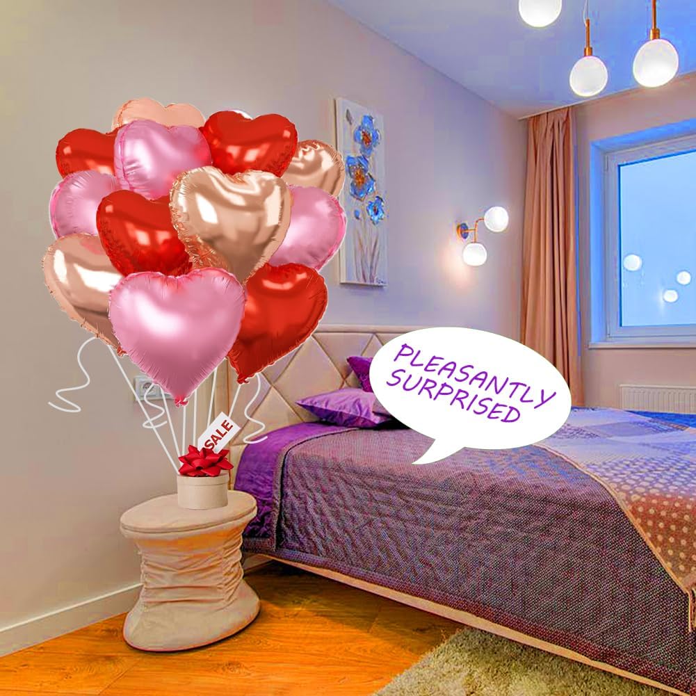 Rose Gold & Red Heart Balloons，18 Inch Light Pink Foil Love Heart Shaped Balloons for Anniversary