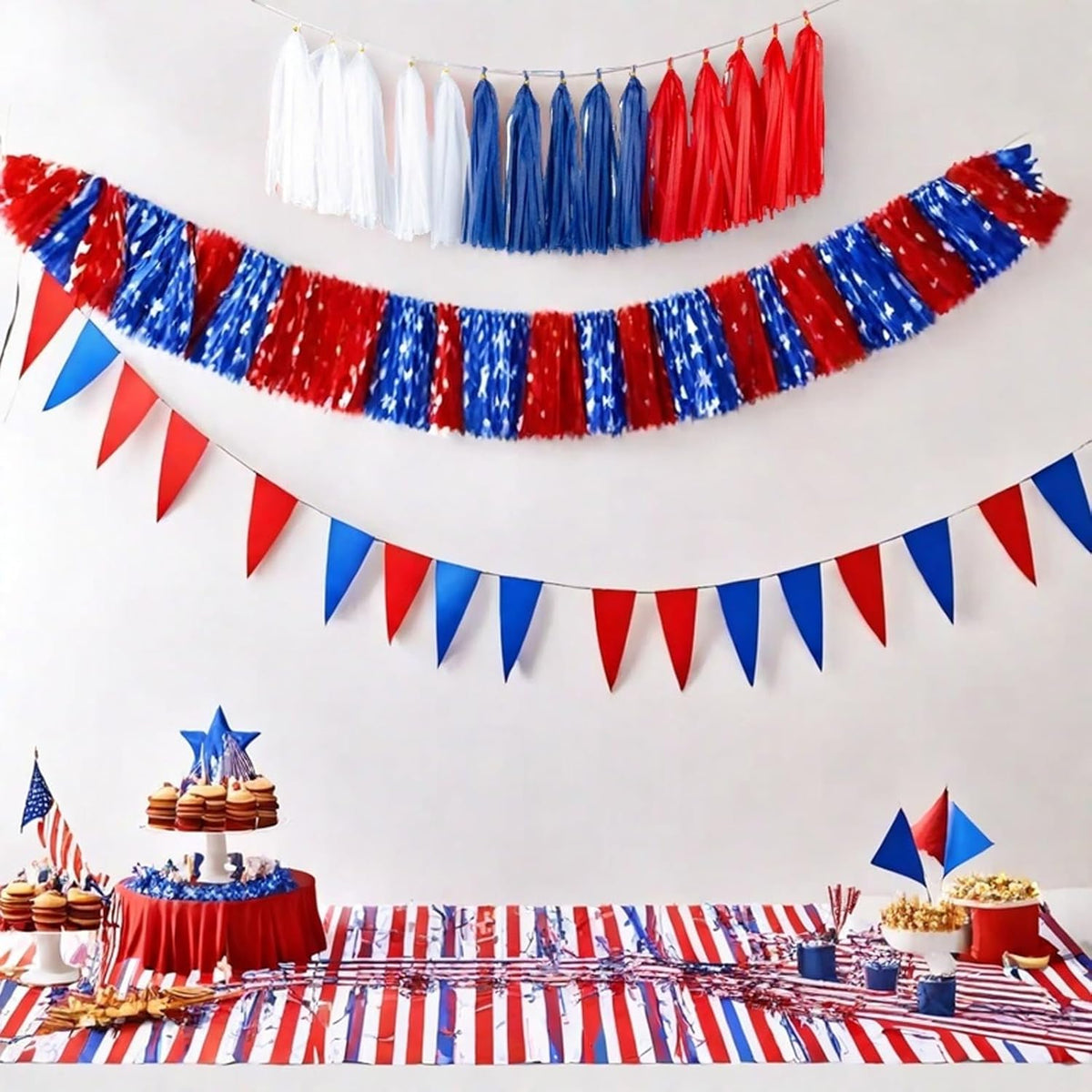 Aimto 15pcs Red Blue White Tassel Garland Banner Tissue Paper Tassels for 4th/Fourth of July