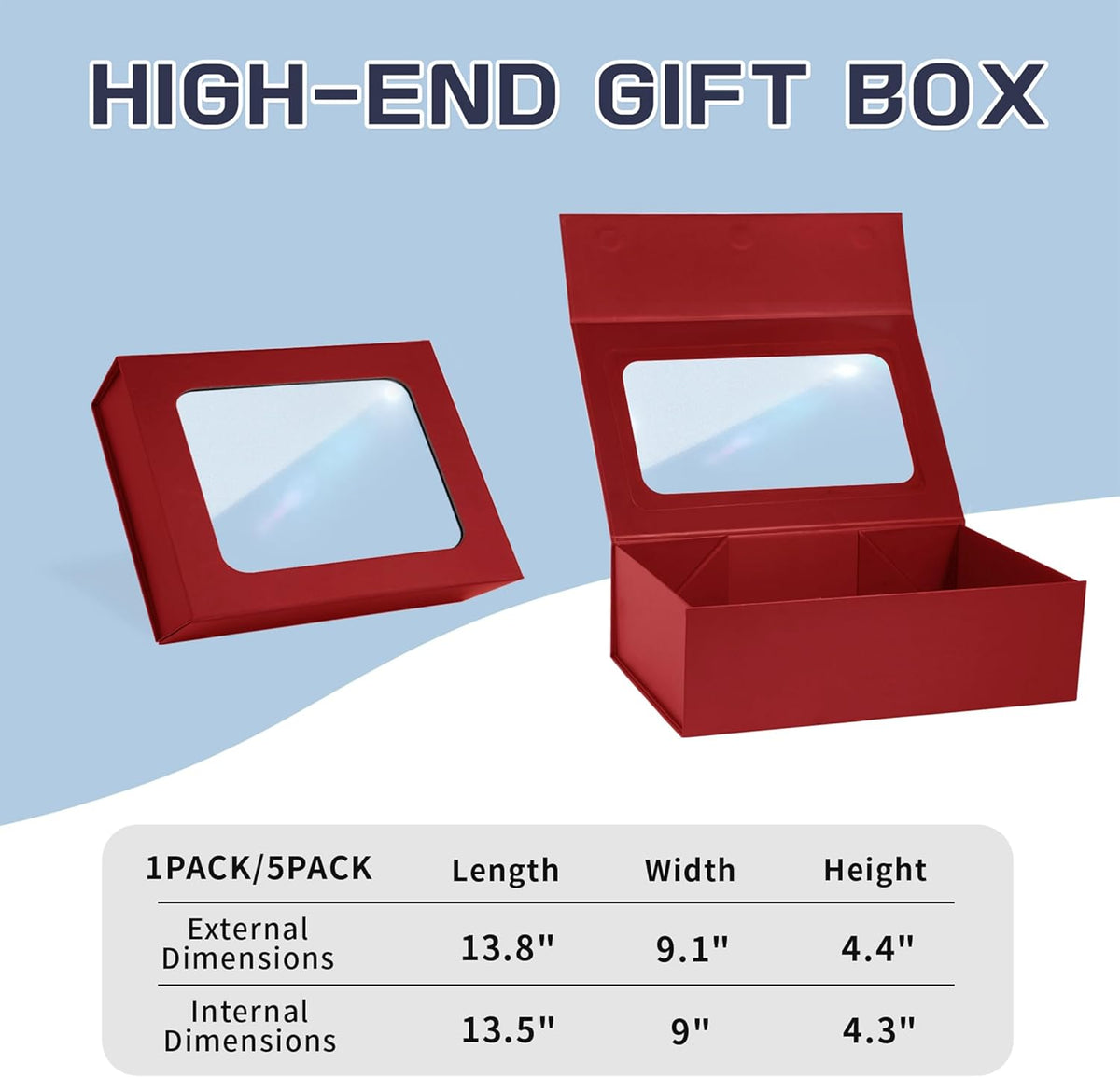 TIACABO Red Large Gift Box with Window, 13.5"x9"x4.3" Bridesmaid Boxe for Gifts Giving,Birthday