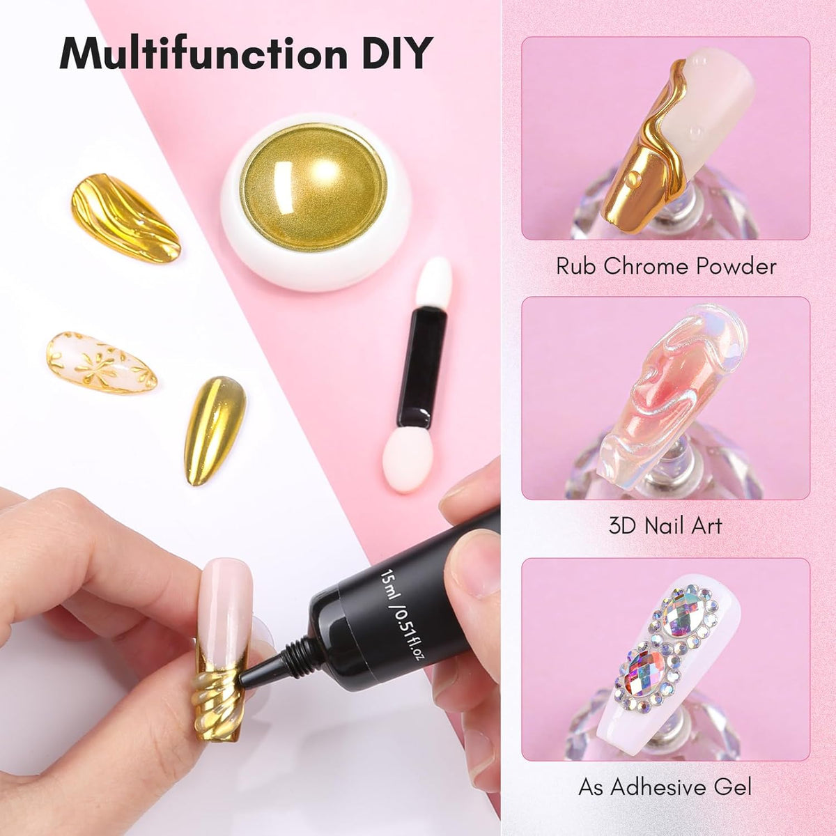 Makartt 3D Gel Nail Art with Gold Chrome Nail Powder Kit: Clear Molding Gel for Nail Art 15g