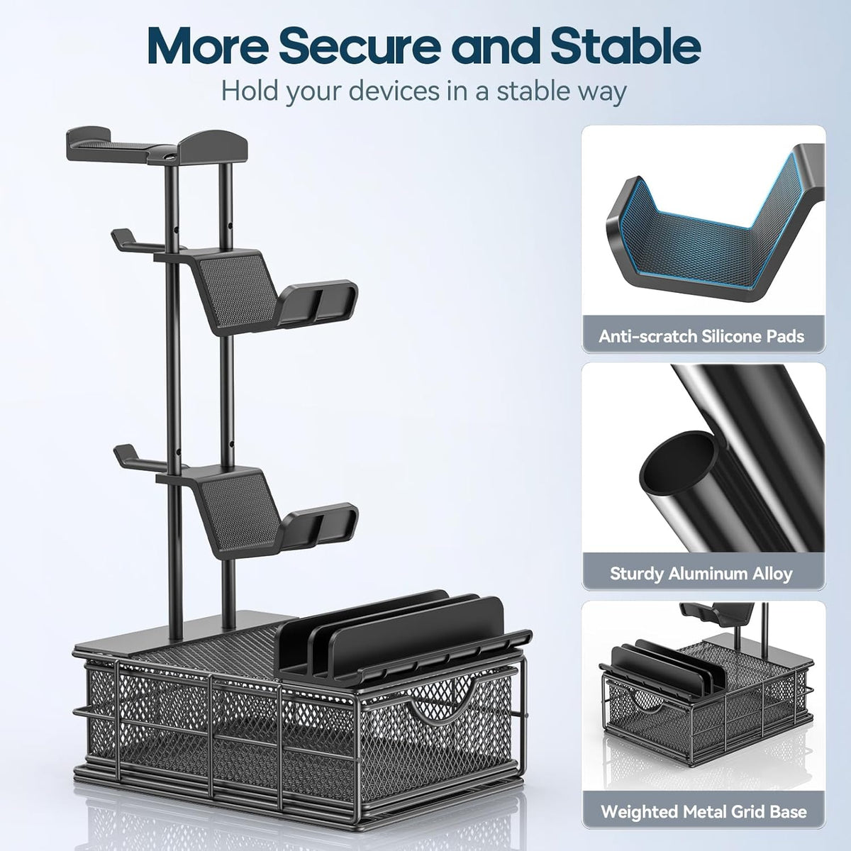 KDD Headphone Stand with Drawer - Headset & Controller Holder for Desk - Aluminum Supporting Bar