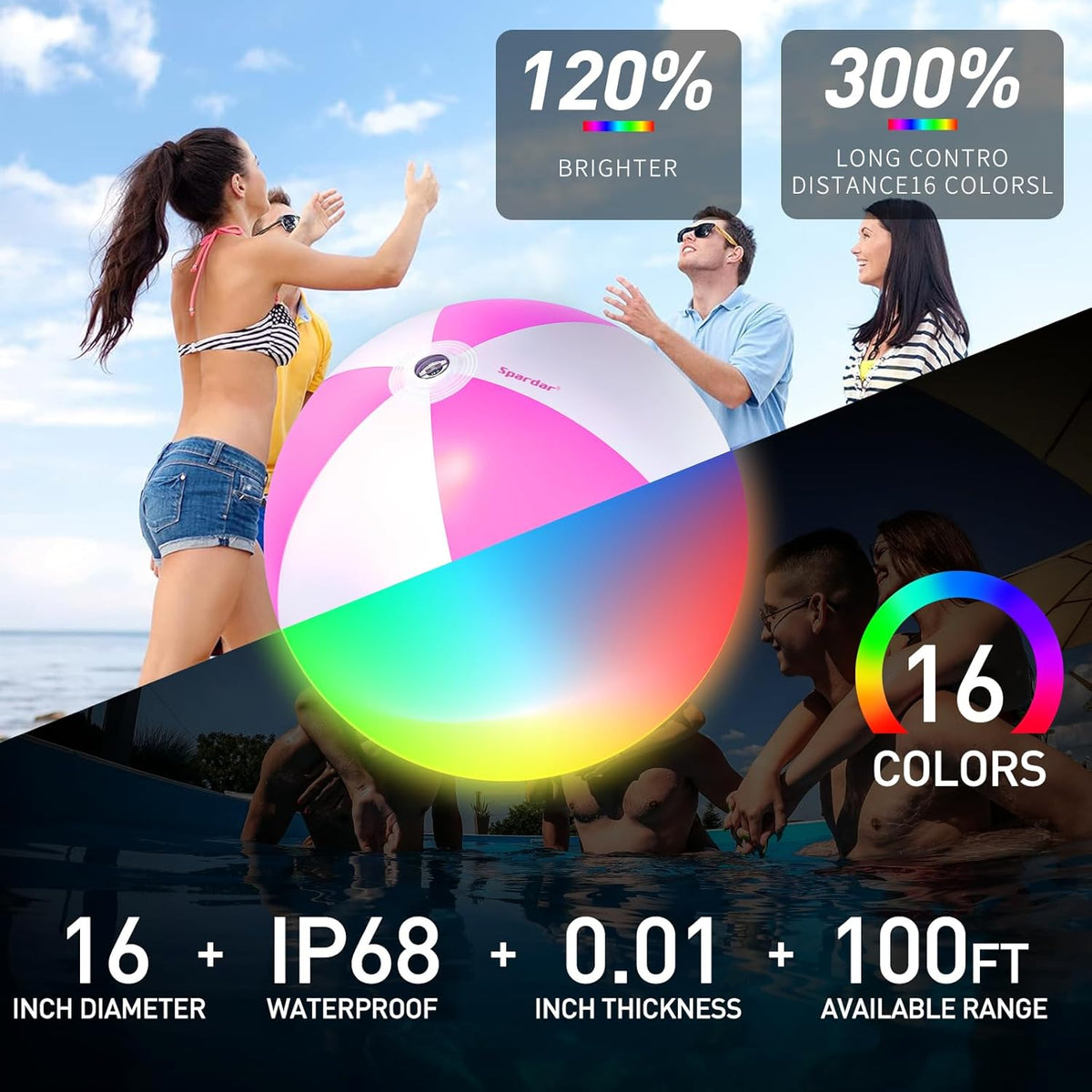 Spardar LED Beach Balls, 4 Pack 16 Inch Light up Beach Balls with Remote Control, Balloon Pump, 16