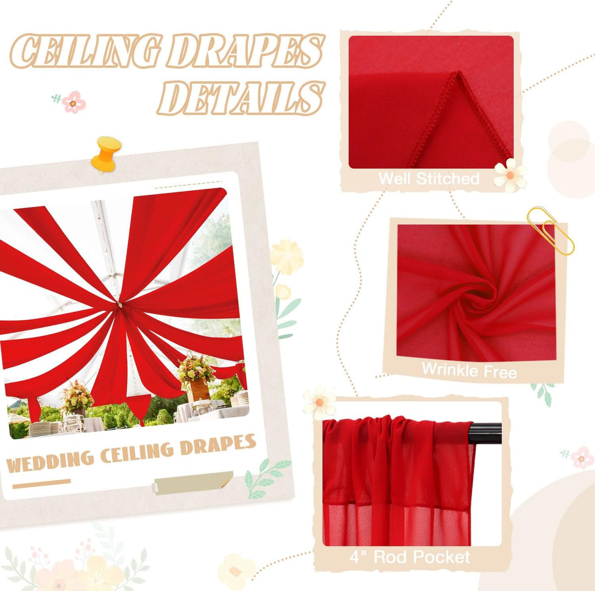 FUHSY Red Ceiling Drapes for Wedding Ceiling Drapes 5FTx20FT 2 Panels Sheer Ceiling Drapes for