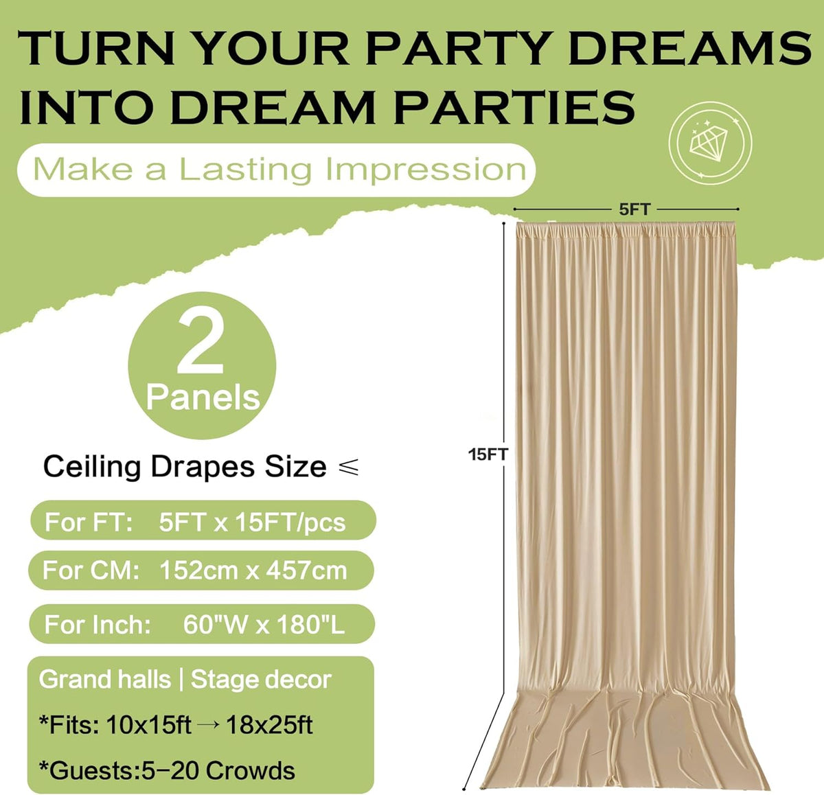 PartyVillage 10ft×15ft Beige Backdrop Curtain for Wedding Parties, 2 Panels Wrinkle Free 15 FT Long