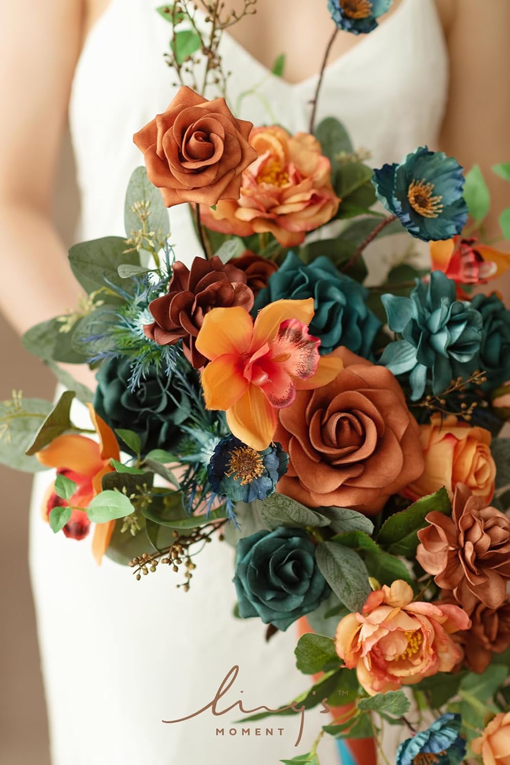 Ling's moment Teal Bridal Bouquet Cascading, Burnt Orange Wedding Bouquets for Bride, 13 Inch