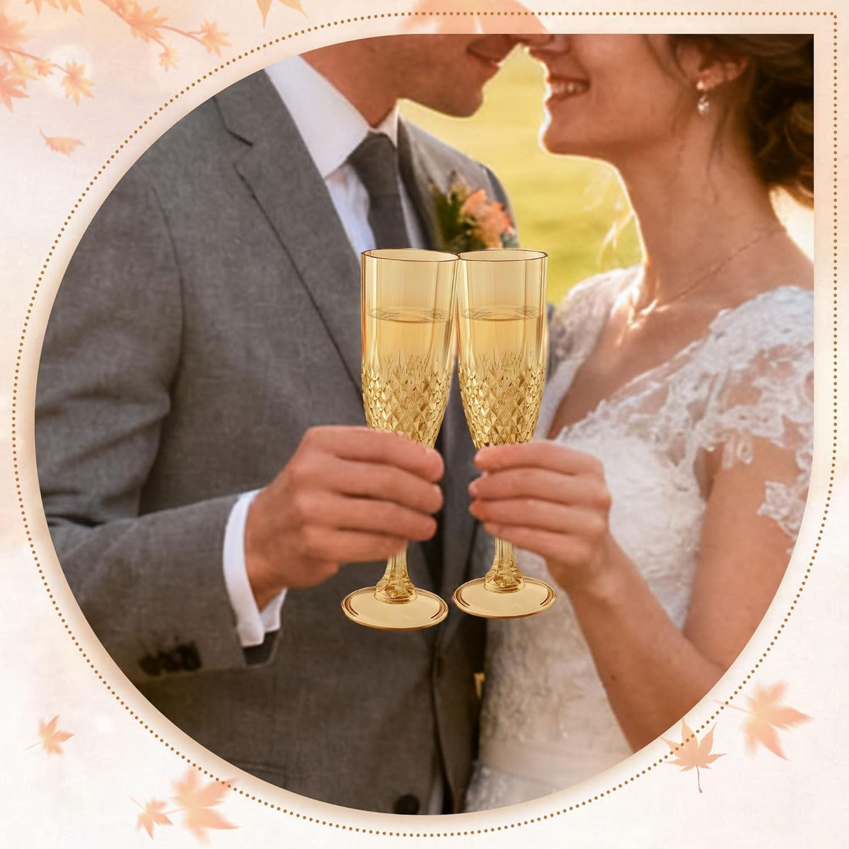 Plastic Champagne Flutes, 12PCS Gold Wine Glasses Goblets Cups Reusable Flute, for Weddings