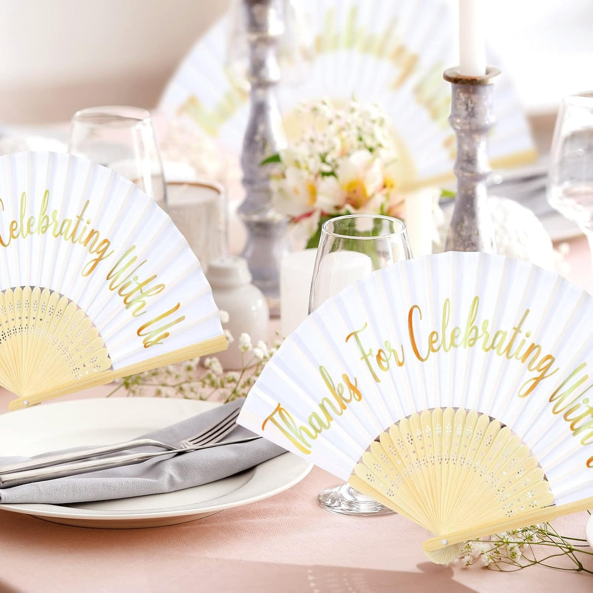 Jetec 50 Pcs Wedding Fans for Guests Bulk Silk Hand Fans Handheld Folded Thank You for Celebrating