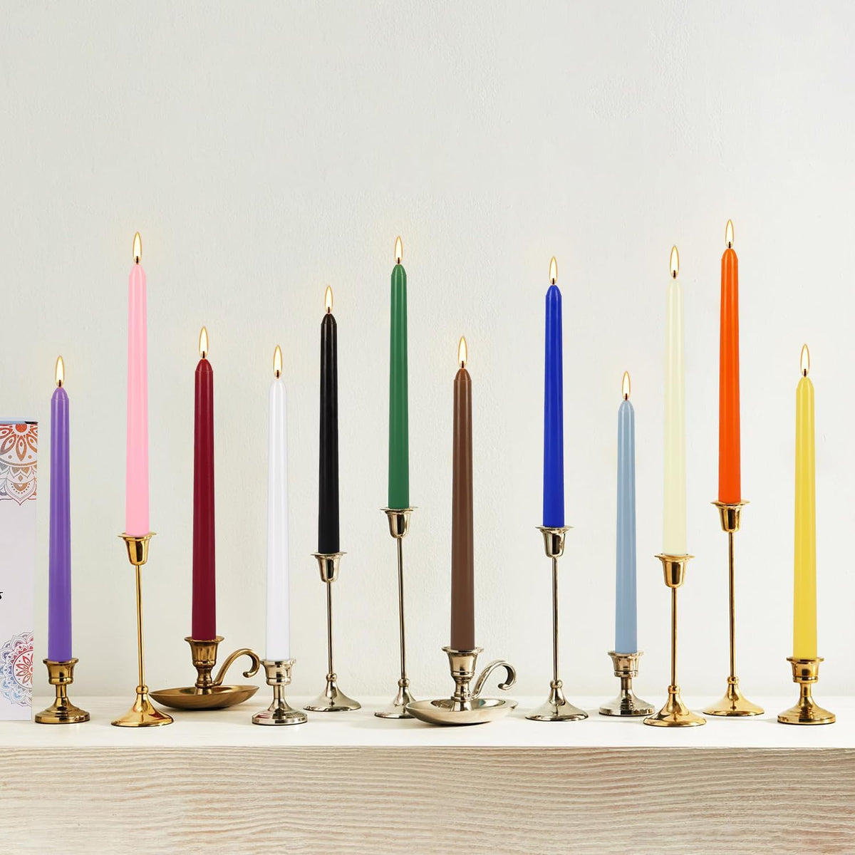 24 Colored Taper Candles, 7-8 Hours Burn Time, Unscented, Smokeless and Dripless, 0.75 x 10 Inch