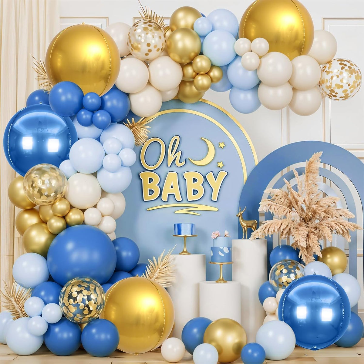 6Pcs Blue Gold Round Foil Balloons,Giant 4D Round Ball Balloon,22 Inch Metallic Blue Gold Balloons