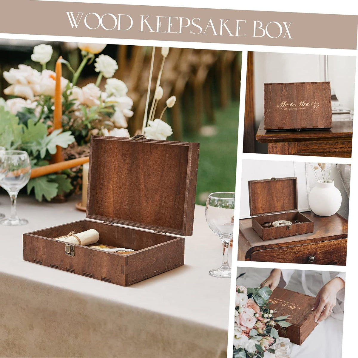 AW BRIDAL Wedding Keepsake Box with Lids, Mr and Mrs Engraved Wood Memories Box for Storage, Bridal