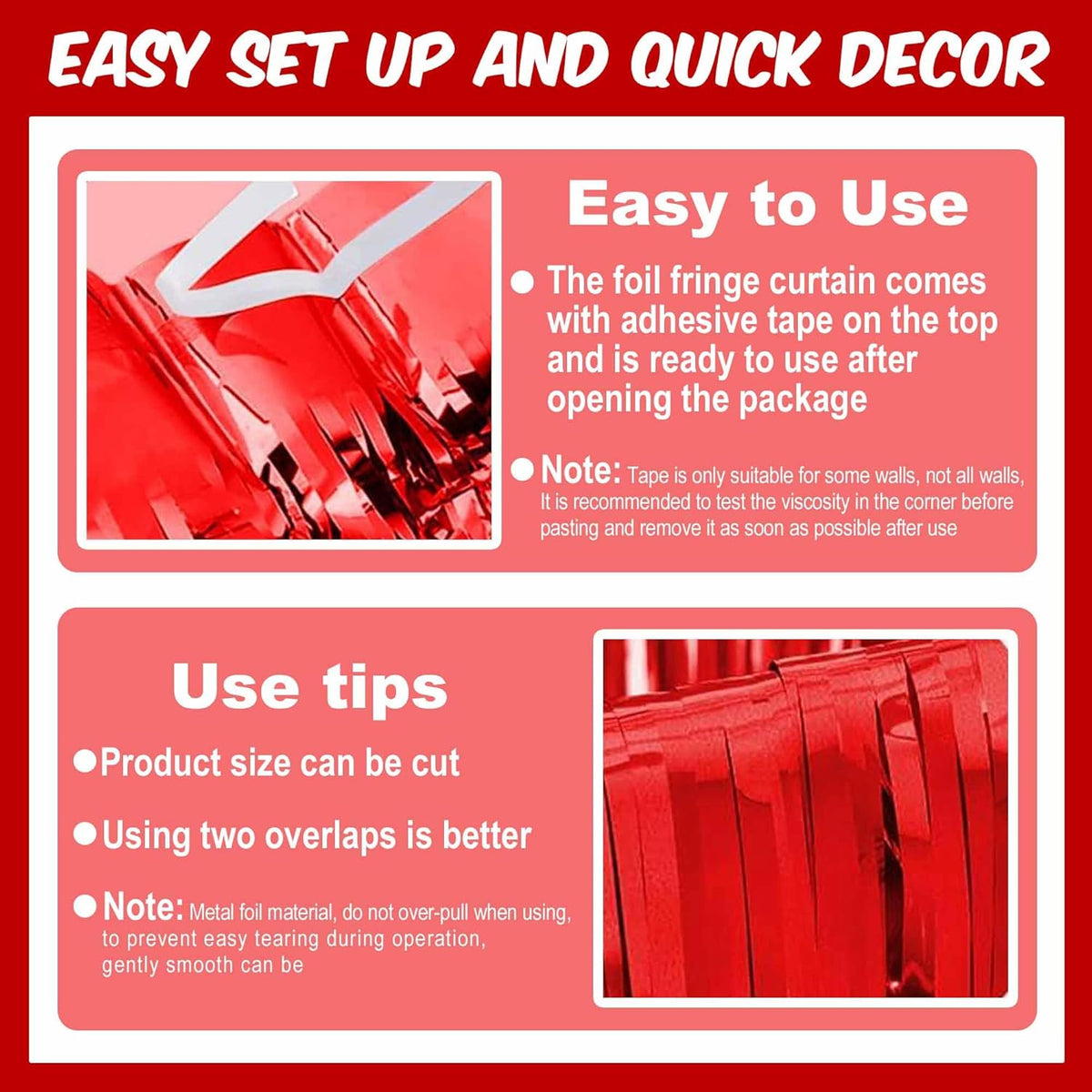 6 Pack Red Foil Fringe Curtains Backdrop, 3.28 x 8.2 Ft Metallic Streamers Tinsel Curtains