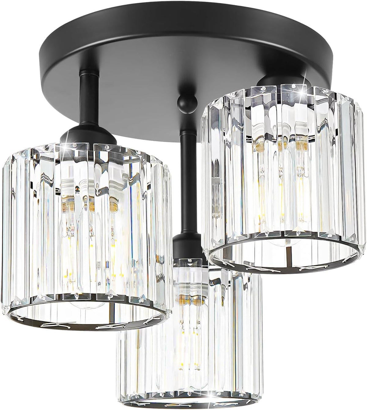 Crystal Semi Flush Mount Ceiling Light, 3-Light Modern Close to Ceiling Light Fixtures, Black