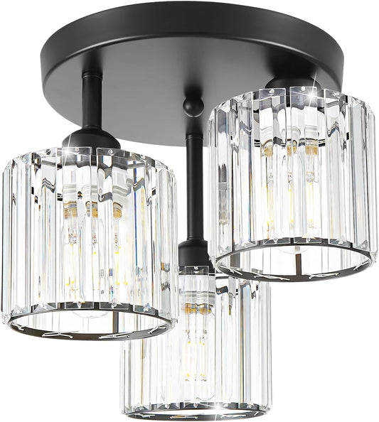 Crystal Semi Flush Mount Ceiling Light, 3-Light Modern Close to Ceiling Light Fixtures, Black
