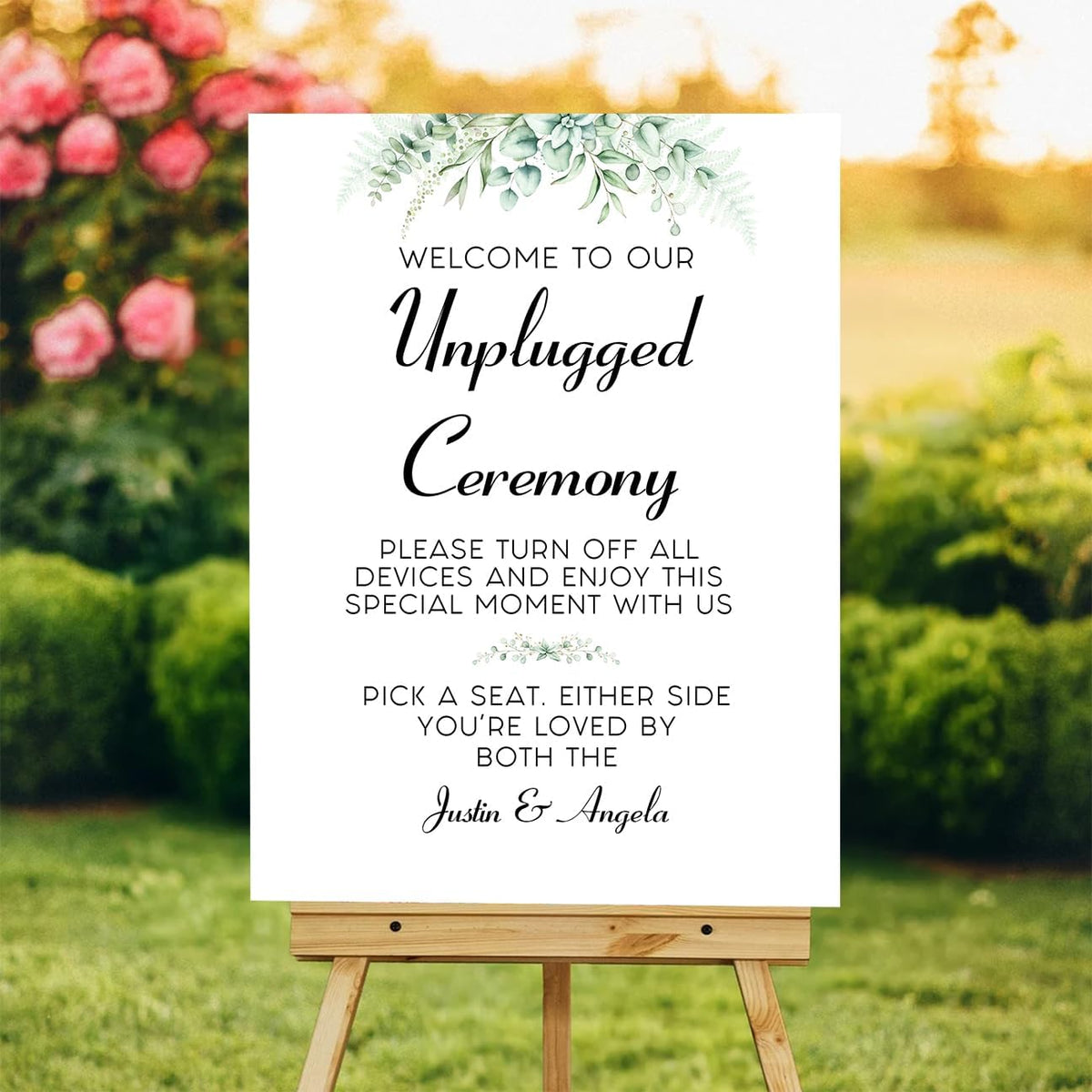 Personalized Unplugged Ceremony Sign – Elegant Wedding Yard Sign with Greenery – Turn Off Devices &