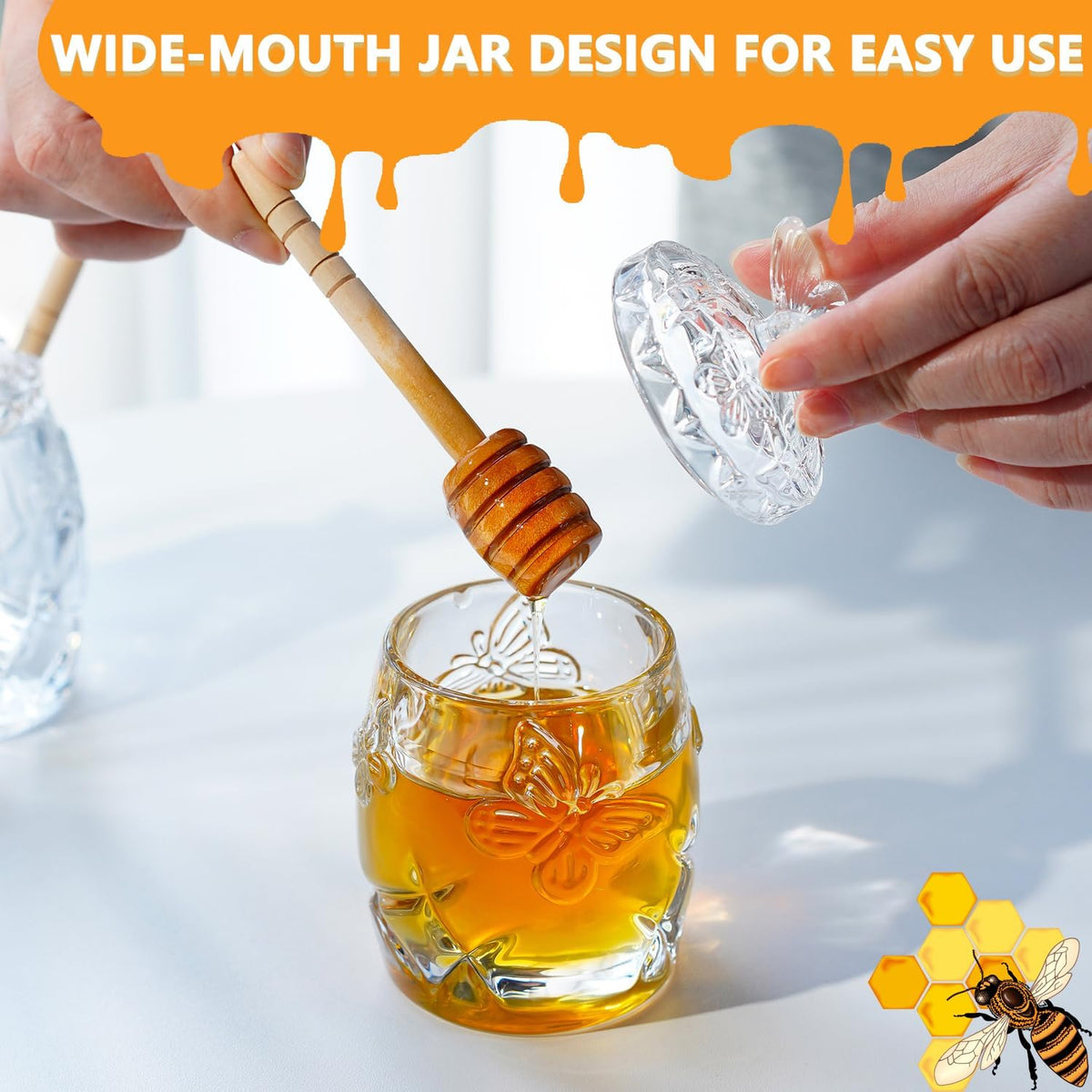 kanpura Clear Crystal Honey Jar with Dipper and Lid, Honey Bee Pot, 4.5oz Glass Honey Pot for Home
