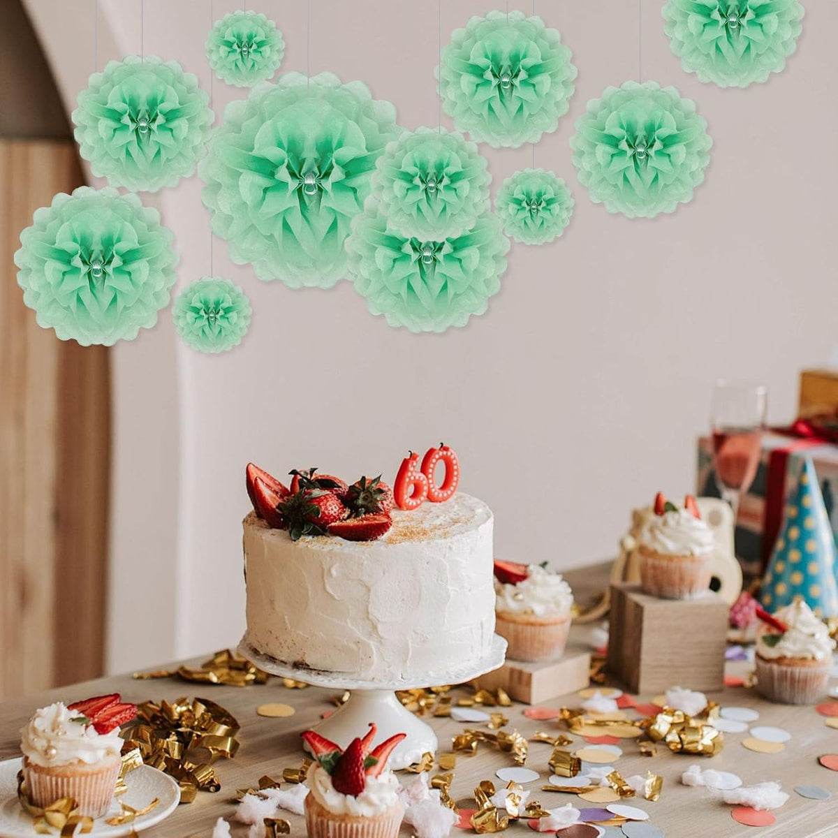 Tissue Paper Pom Poms, Light Green Tissue Paper Flowers, Hanging Flower Balls for Weddings Fiesta