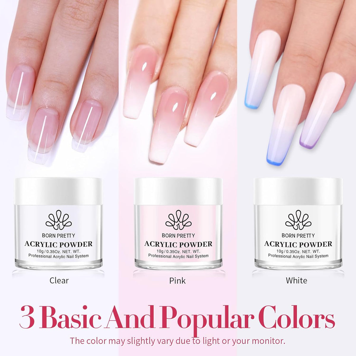 BORN PRETTY Acrylic Nail Kit - Acrylic Powder (Clear, White, Pink) & Liquid Set with Nail Forms