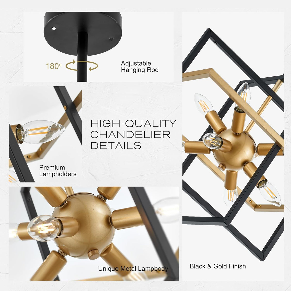 18.9'' Black Gold 8-Light Sputnik Chandelier Modern Industrial Adjustable Hanging Geometric Pendant