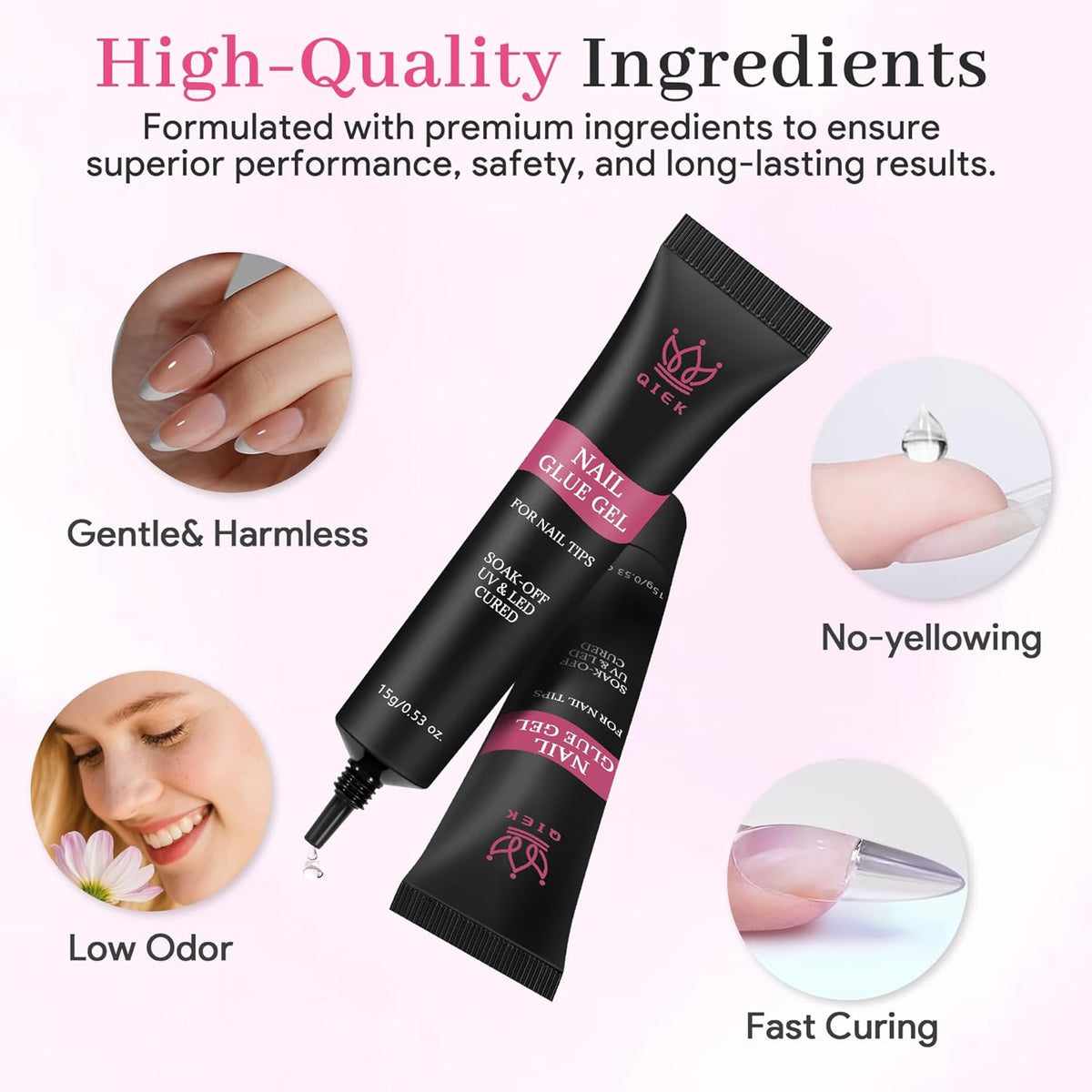 Nail Tips Gel Glue 15g - Lamp Curing Solid Nail Glue for False Acrylic Nails, Crystal Clear Long