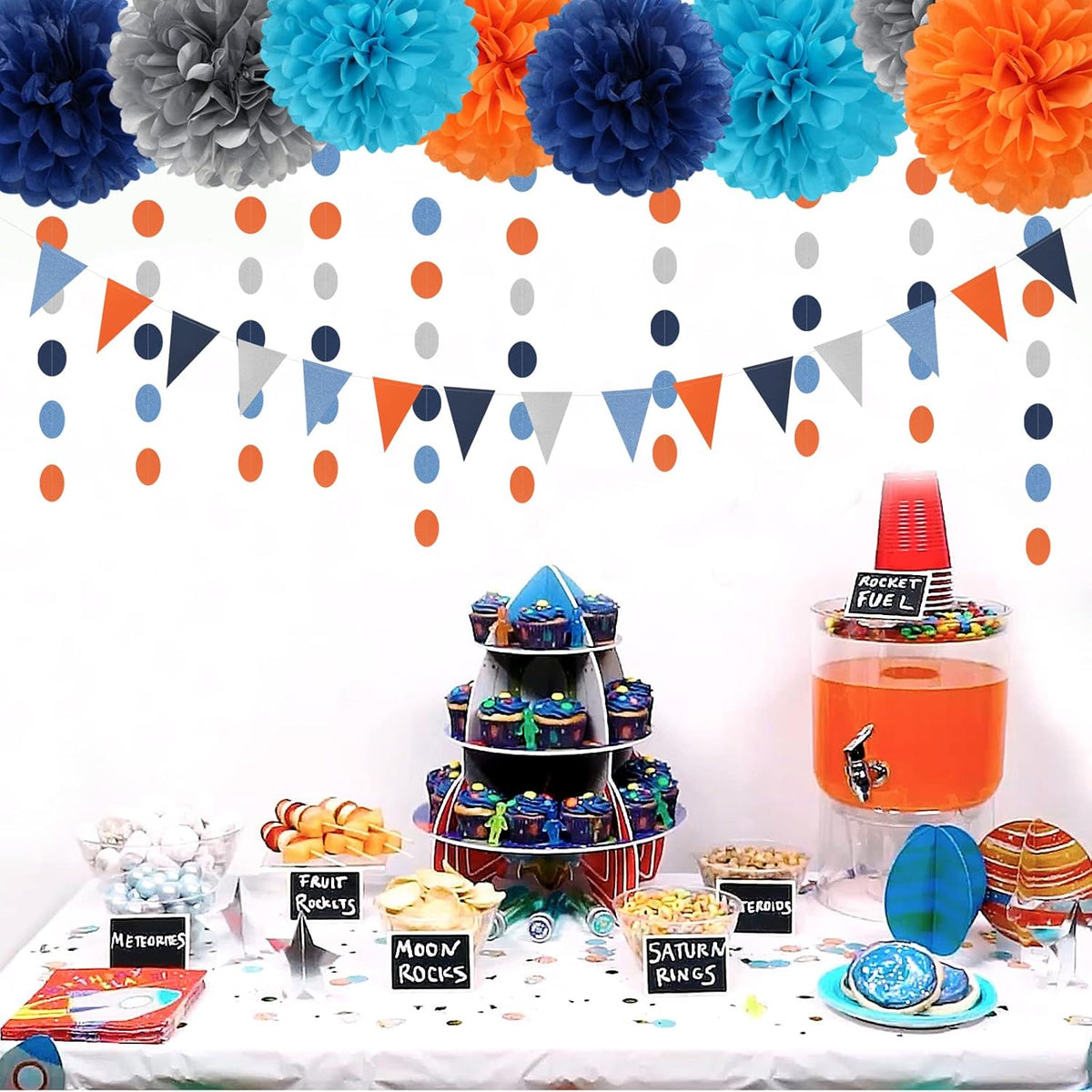 Blue-Silver Orange Space Party-Decorations Streamers-Garland - 30pcs Graduation 2025 Tissue Pom