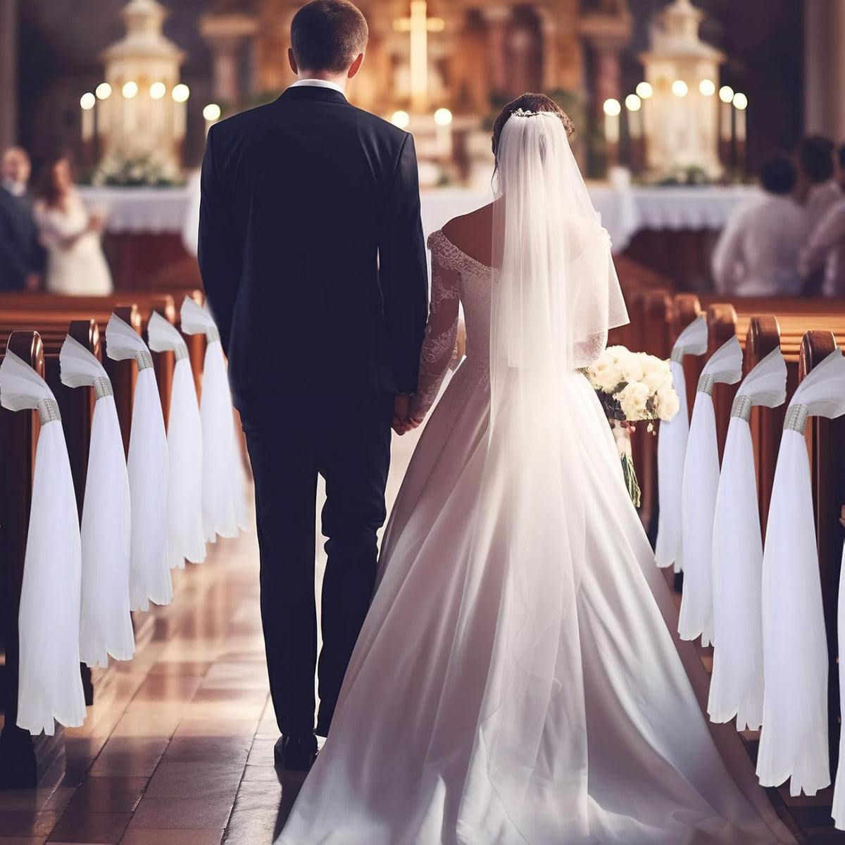 36 Set Wedding Aisle Chair Decorations 31.5 Inch Pew Bows with Long Tulle Tails and Rhinestone wrap