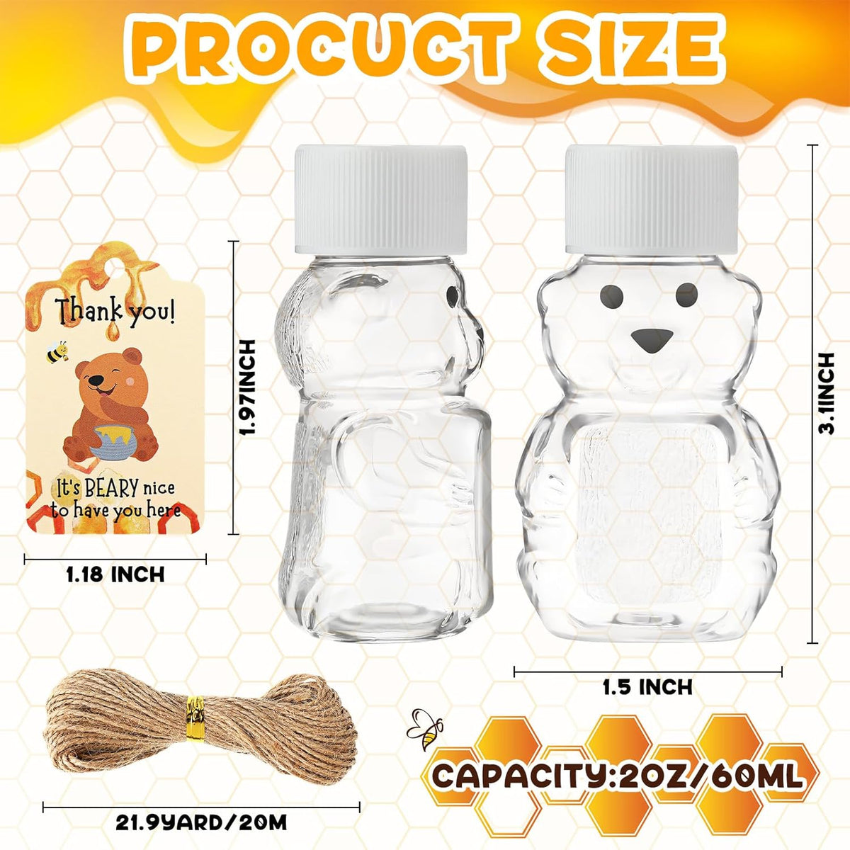 96 Sets 2 oz Plastic Honey Bear Bottle Bear Shape Clear Empty Honey Jar 96 Tags 2 Rolls Jute Rope