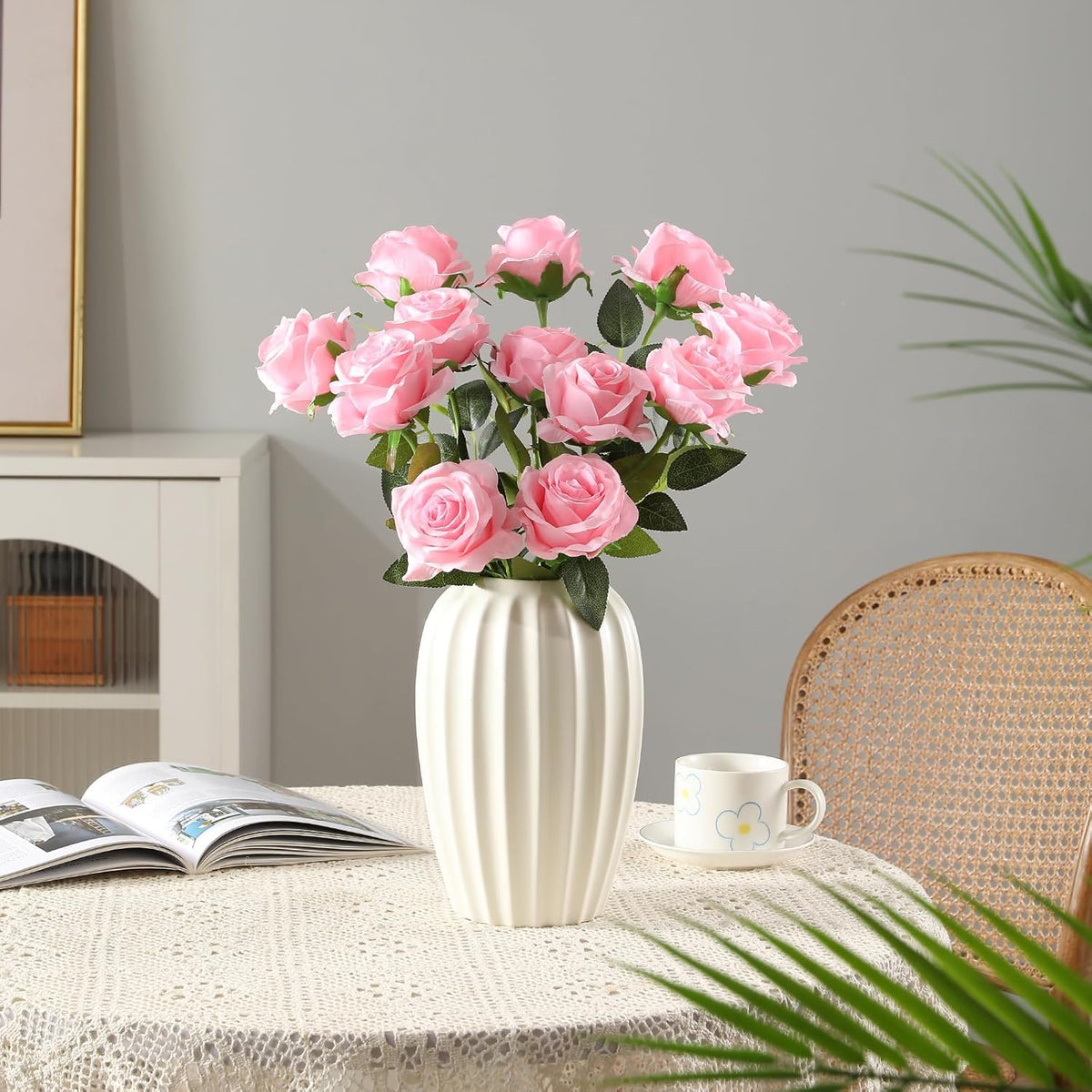Tifuly Pink Roses Artificial Flowers - 12 pcs Realistic Single Long Stem Fake Silk Roses Bouquet