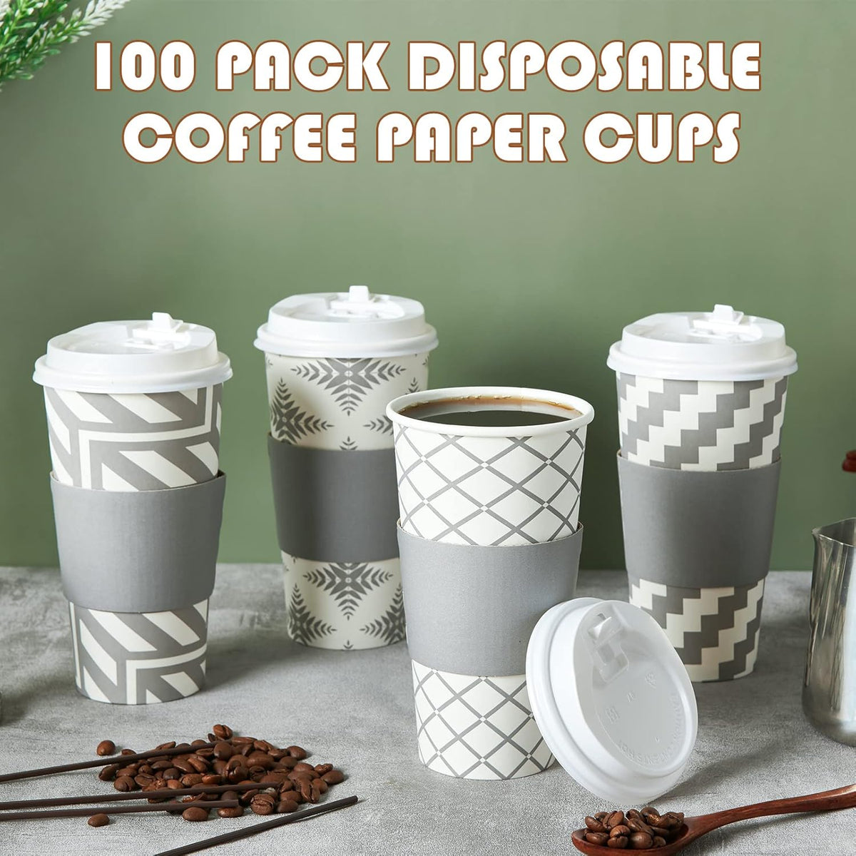 LITOPAK 100 Pack 20 oz Paper Coffee Cups with Lid, Sleeve, and Straws, Four Designs of Disposable