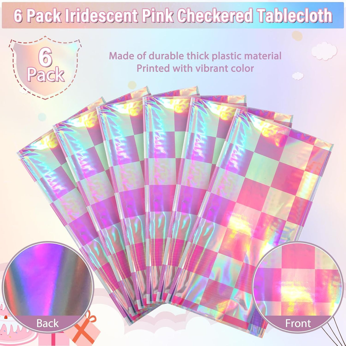 6 Pack Pink and Iridescent Checkered Plastic Tablecloth, Shiny Disposable Laser Rectangle Table