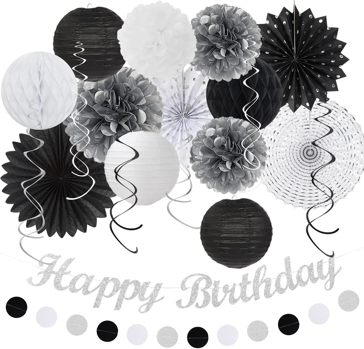 Black White Silver Birthday Party-decorations - 21pcs Boys Men Happy Banner,Paper Streamers