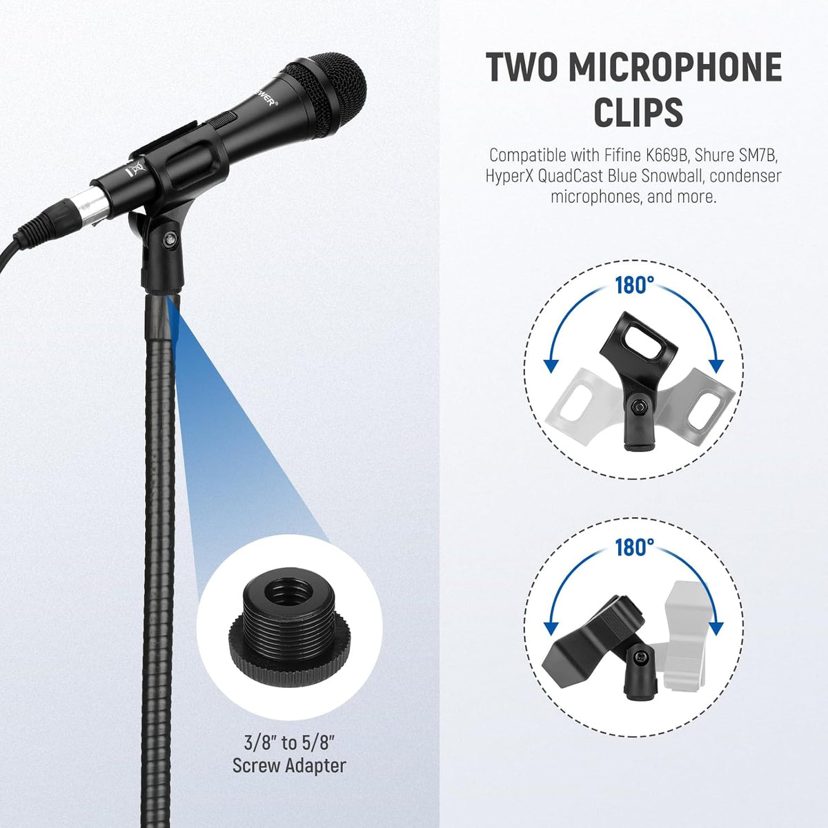 NEEWER Microphone Stand with Flexible Arm, Boom Arm Mic Floor Tripod Mount Holder with Mic Clips
